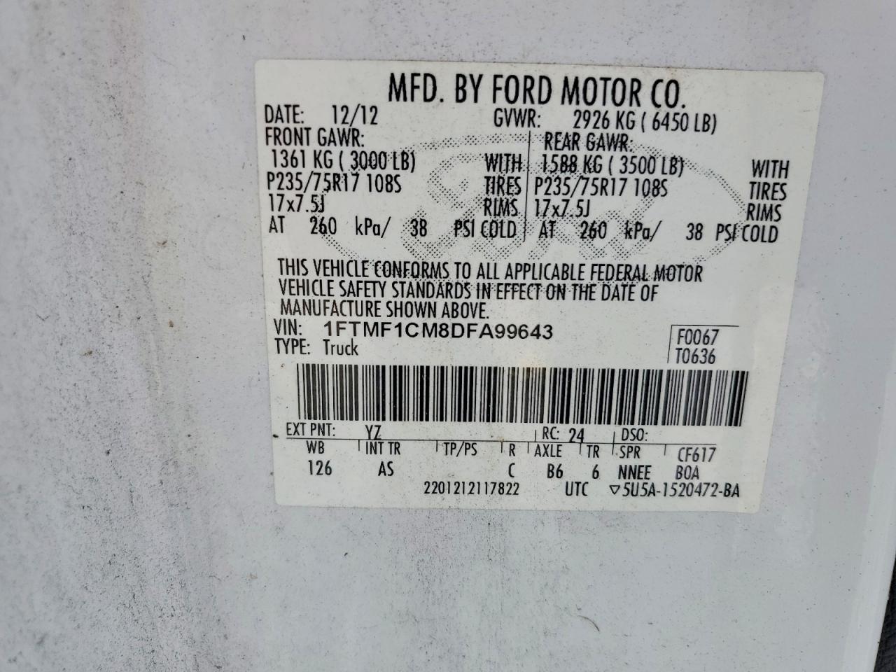 2013 Ford F150 White vin: 1FTMF1CM8DFA99643