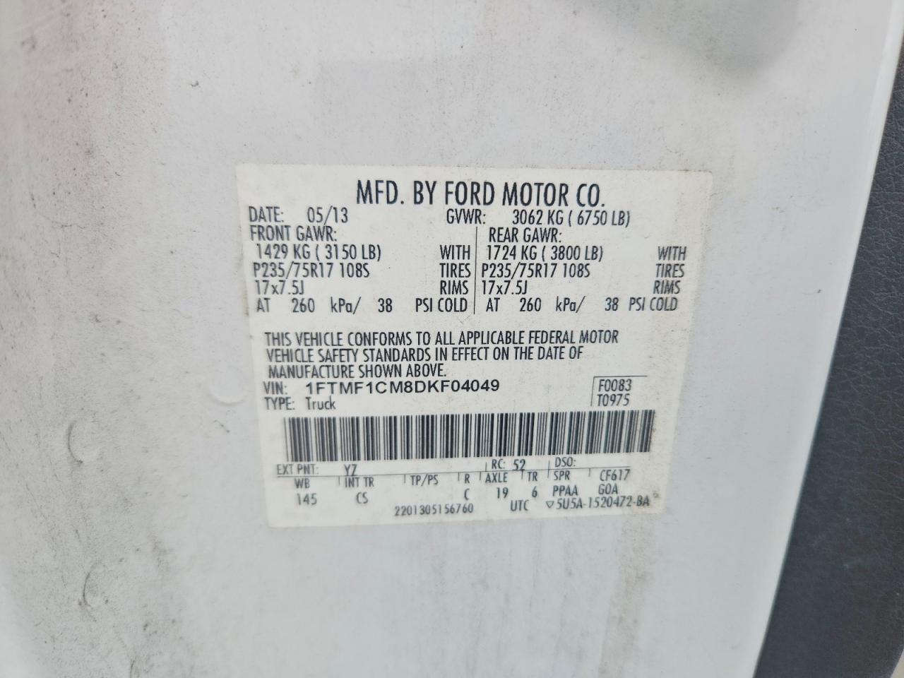 2013 Ford F150 Белый vin: 1FTMF1CM8DKF04049