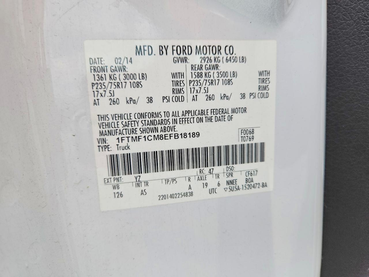 2014 Ford F150 White vin: 1FTMF1CM8EFB18189
