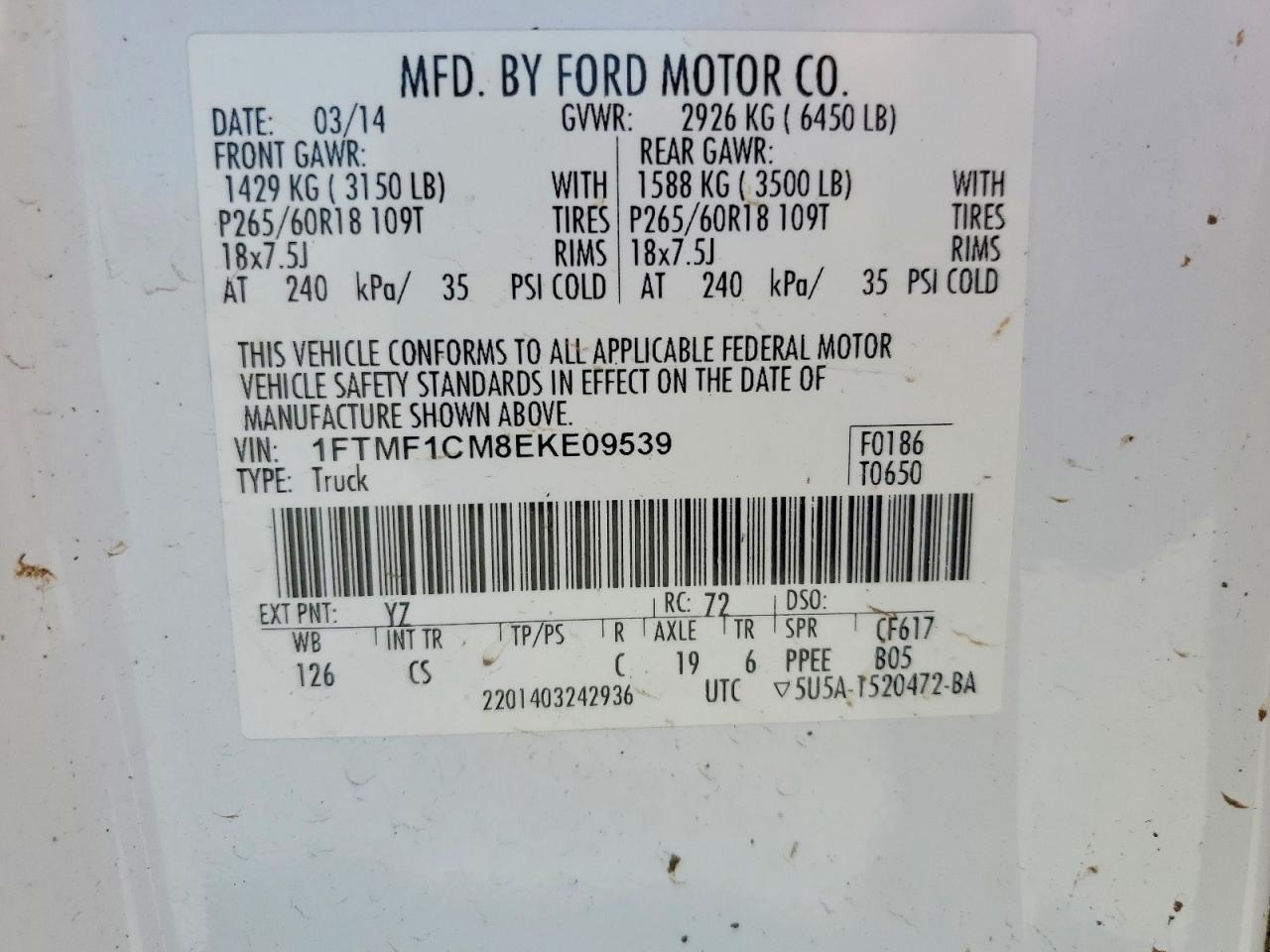 2014 Ford F150 White vin: 1FTMF1CM8EKE09539