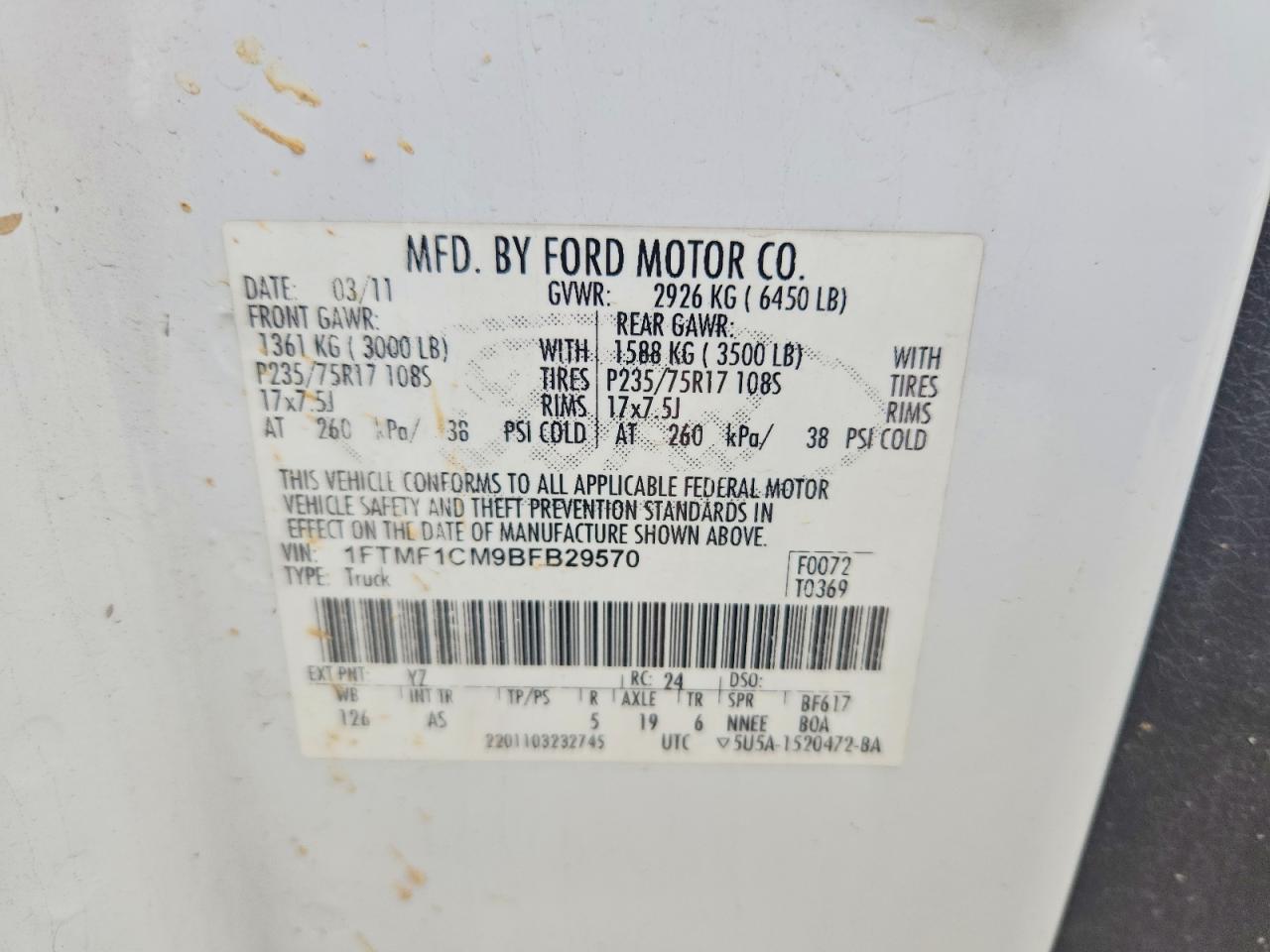 2011 Ford F150 White vin: 1FTMF1CM9BFB29570