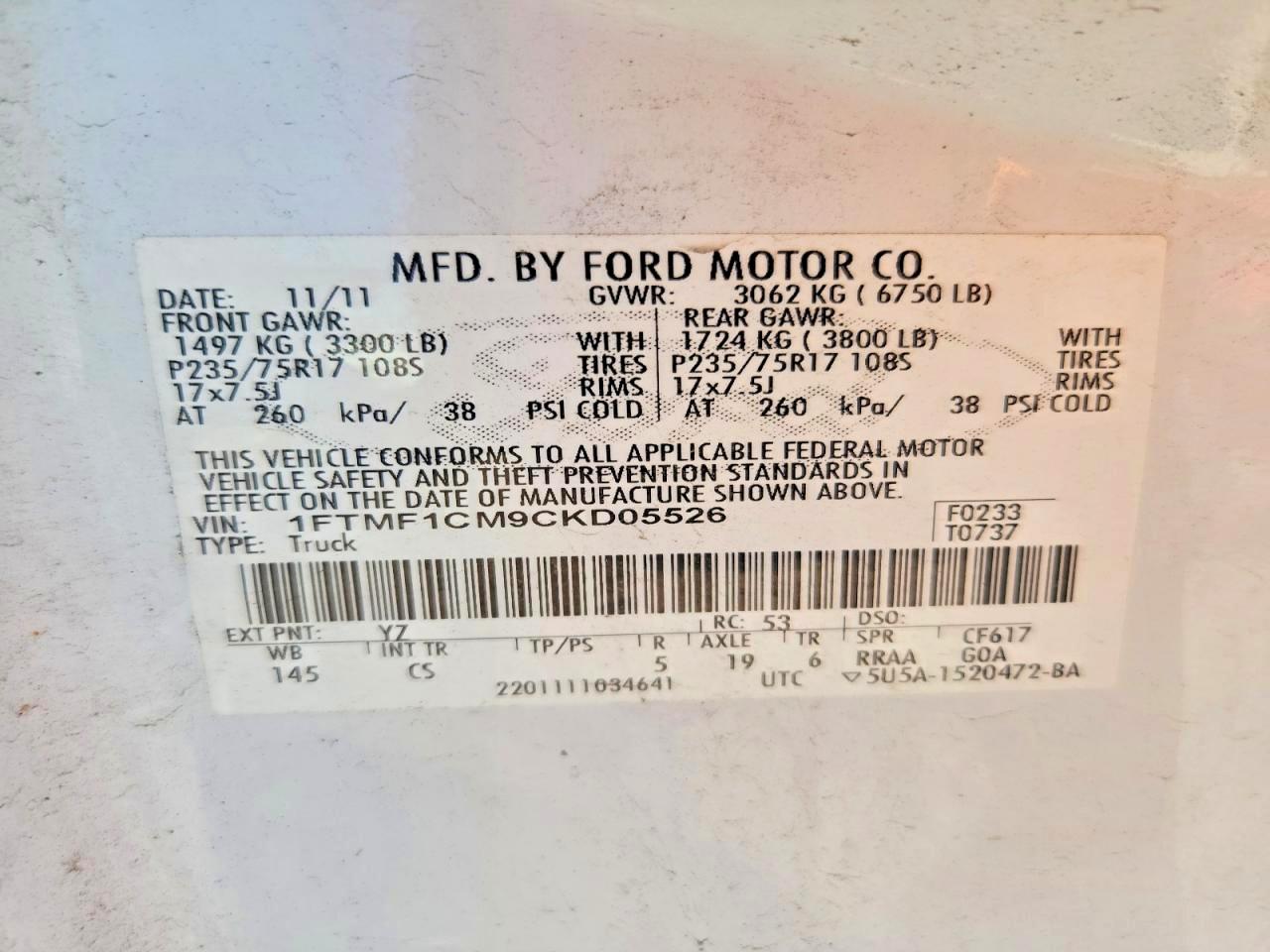 2012 Ford F150 White vin: 1FTMF1CM9CKD05526