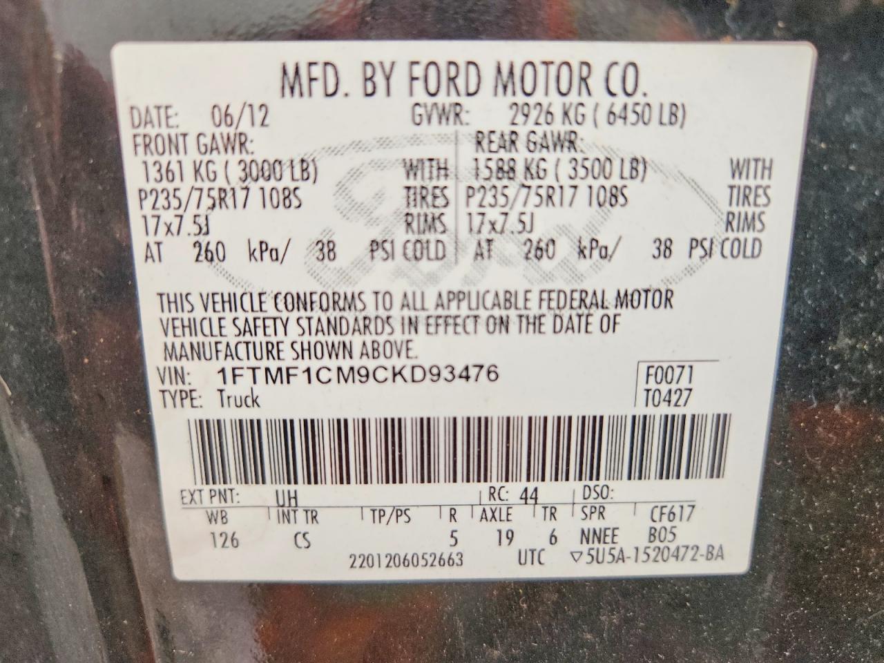 2012 Ford F150 Black vin: 1FTMF1CM9CKD93476