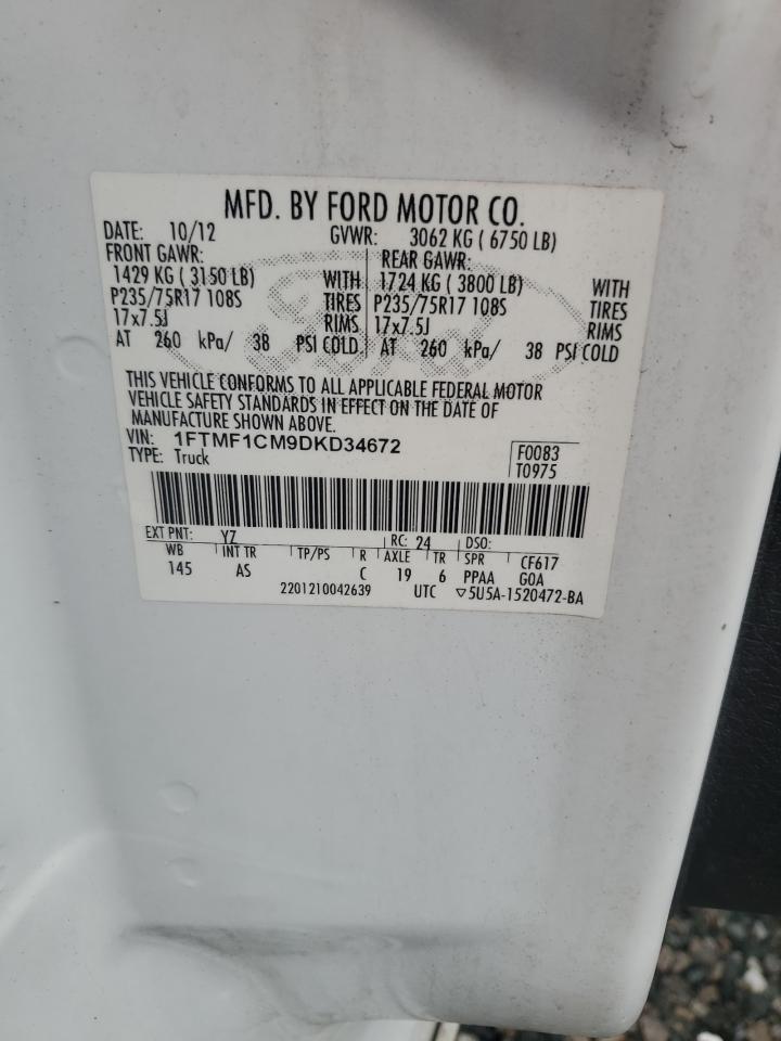 2013 Ford F150 White vin: 1FTMF1CM9DKD34672
