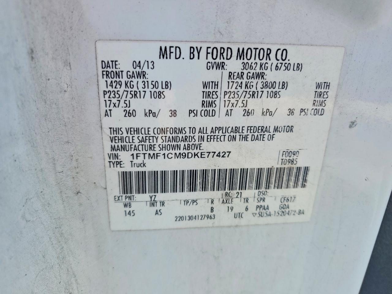 2013 Ford F150 White vin: 1FTMF1CM9DKE77427