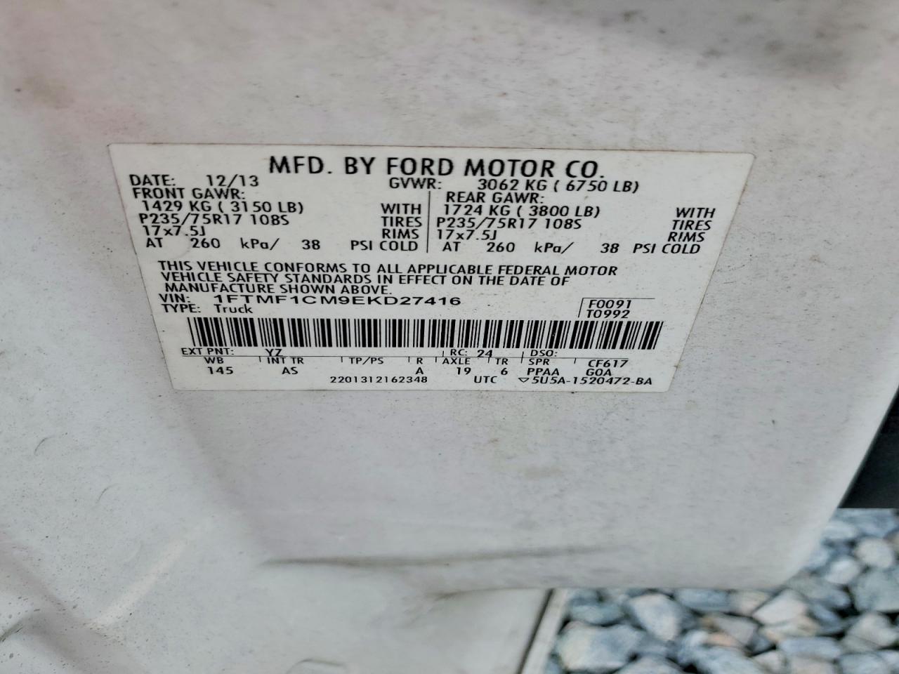 2014 Ford F150 White vin: 1FTMF1CM9EKD27416