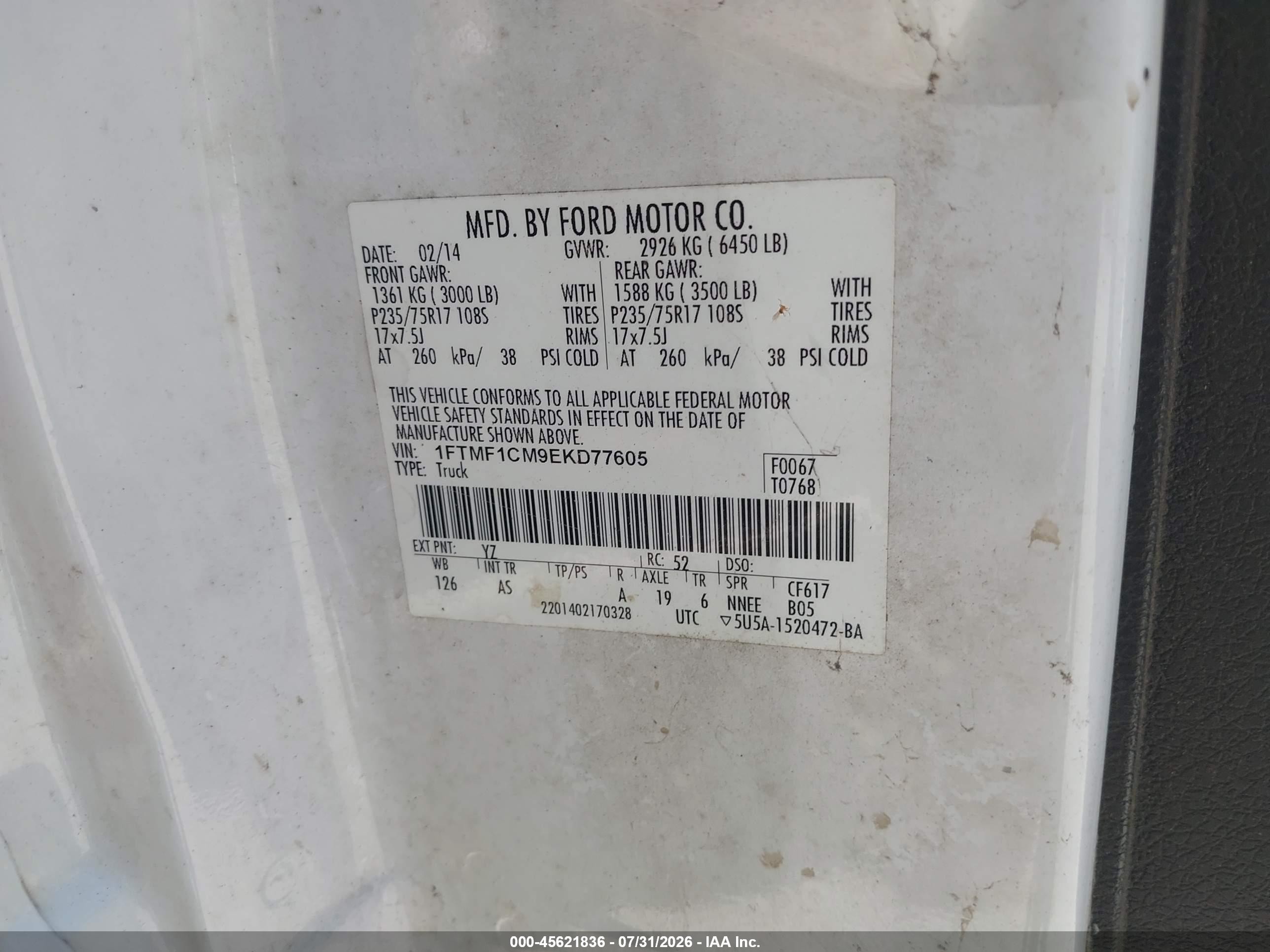 2014 Ford F-150 Xl White vin: 1FTMF1CM9EKD77605