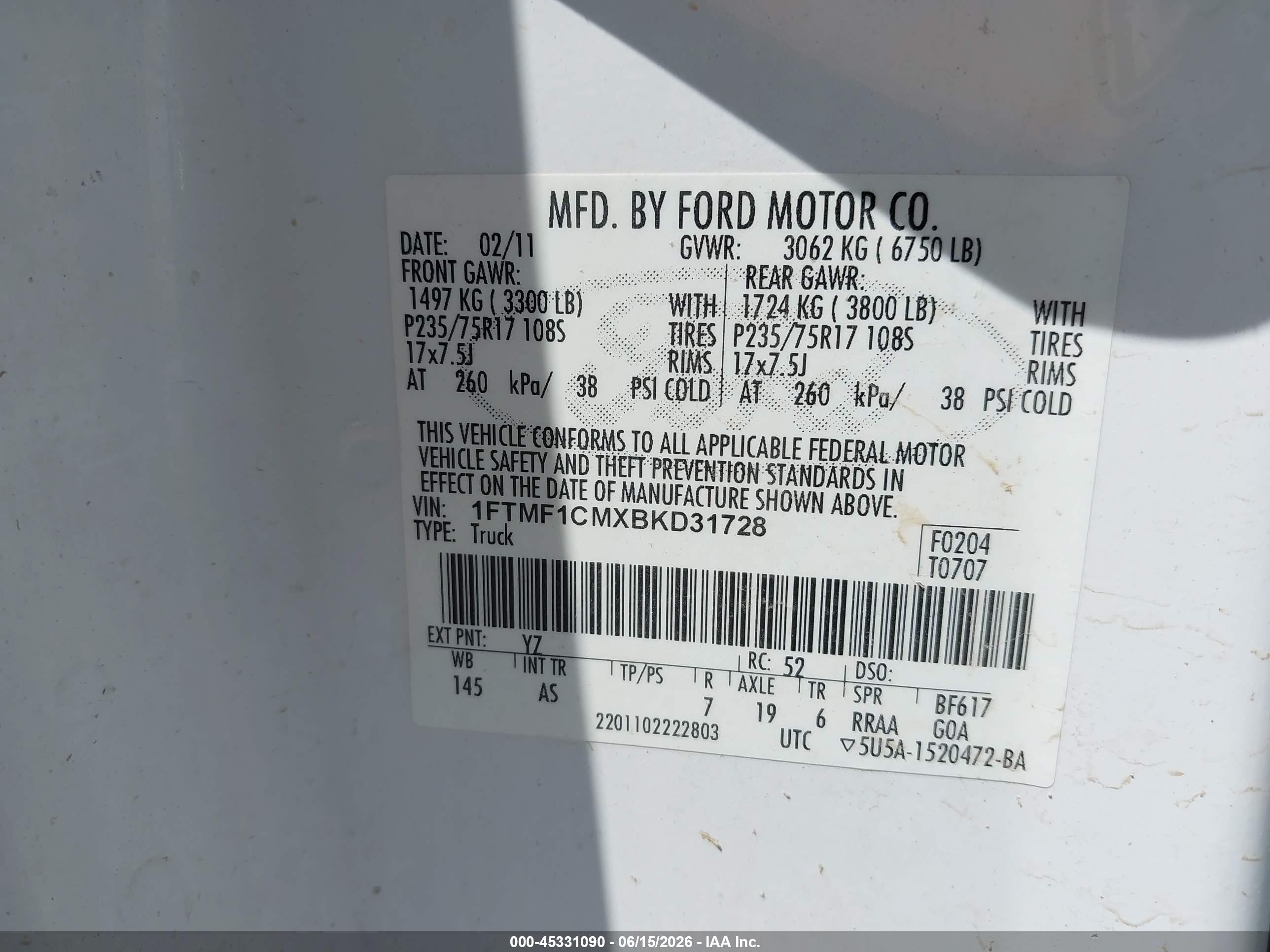 2011 Ford F-150 Xl White vin: 1FTMF1CMXBKD31728