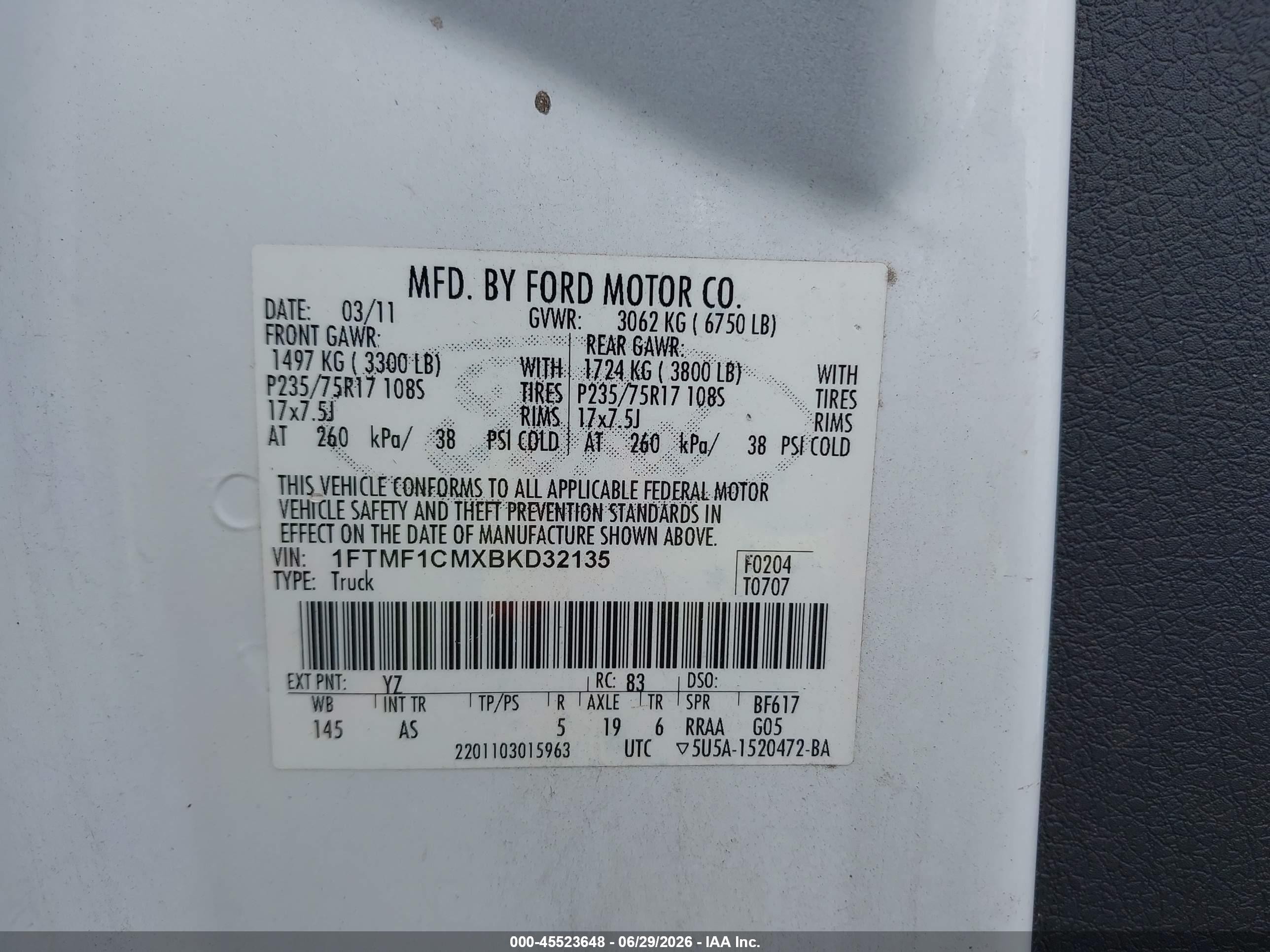 2011 Ford F-150 Stx/xl/xlt White vin: 1FTMF1CMXBKD32135