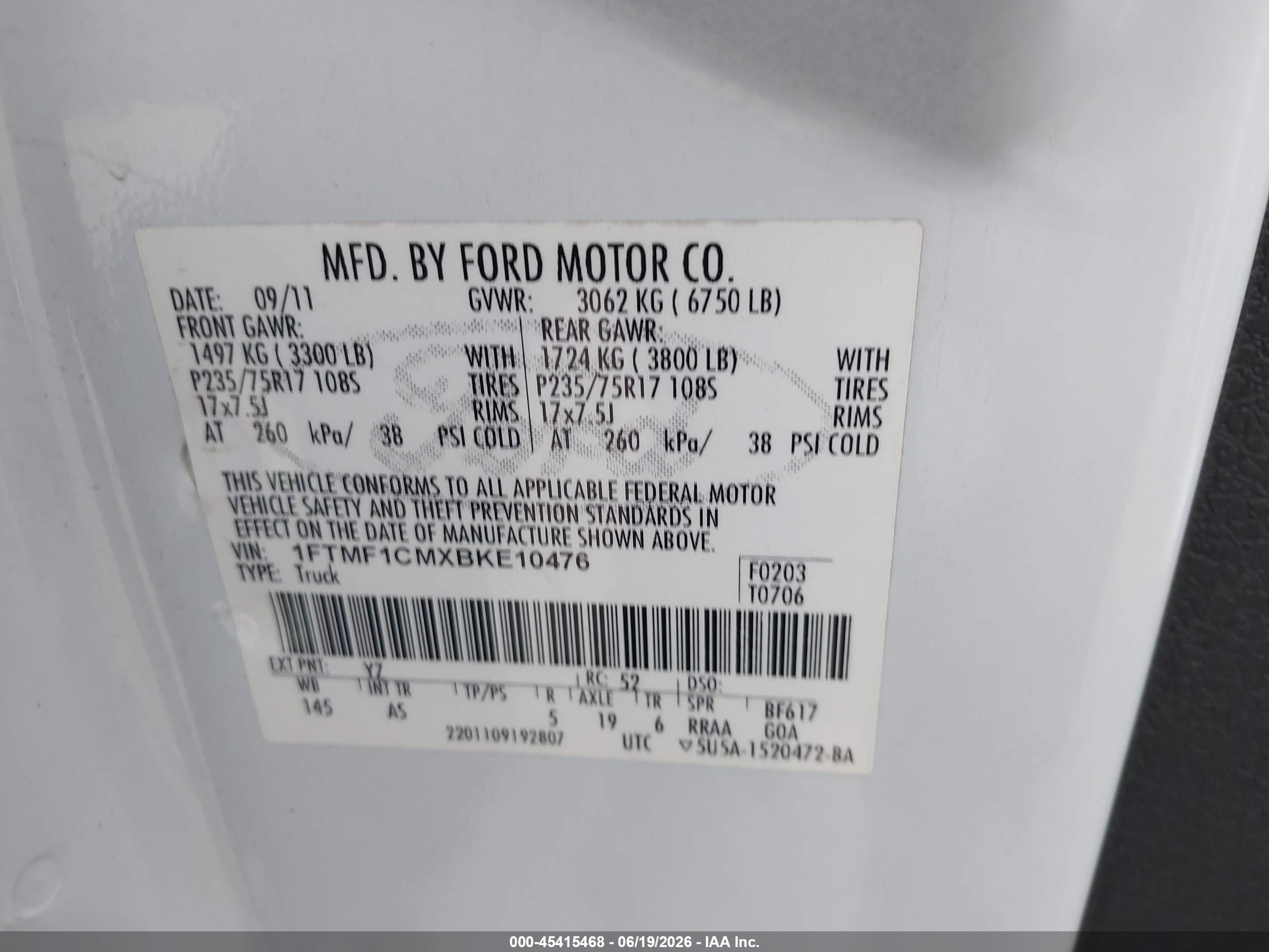 2011 Ford F-150 Stx/xl/xlt White vin: 1FTMF1CMXBKE10476