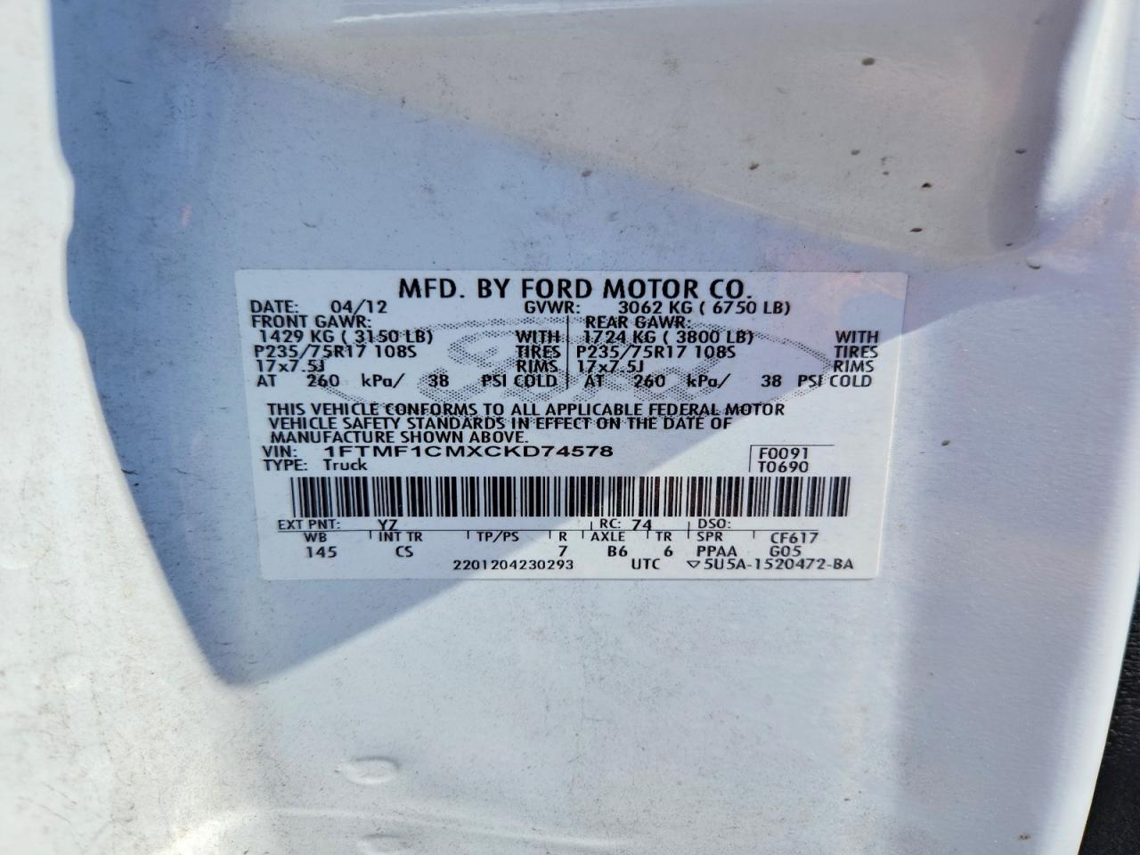 2012 Ford F150 White vin: 1FTMF1CMXCKD74578