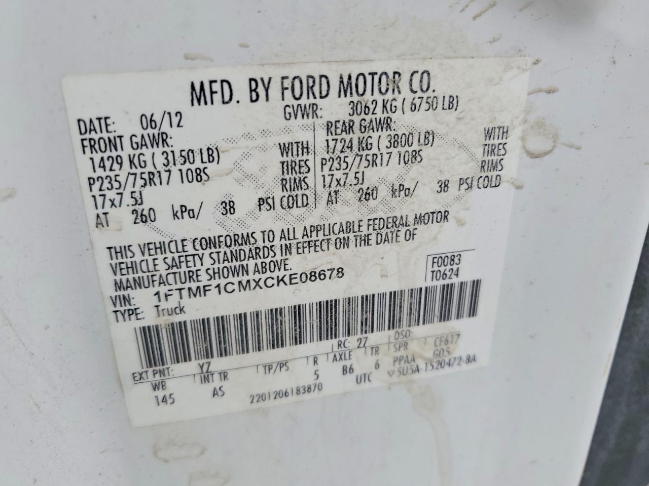 2012 Ford F150 White vin: 1FTMF1CMXCKE08678