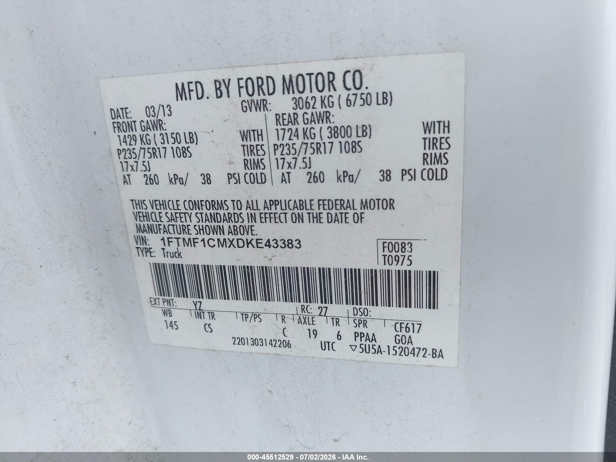 2013 Ford F-150 Stx/xl/xlt White vin: 1FTMF1CMXDKE43383