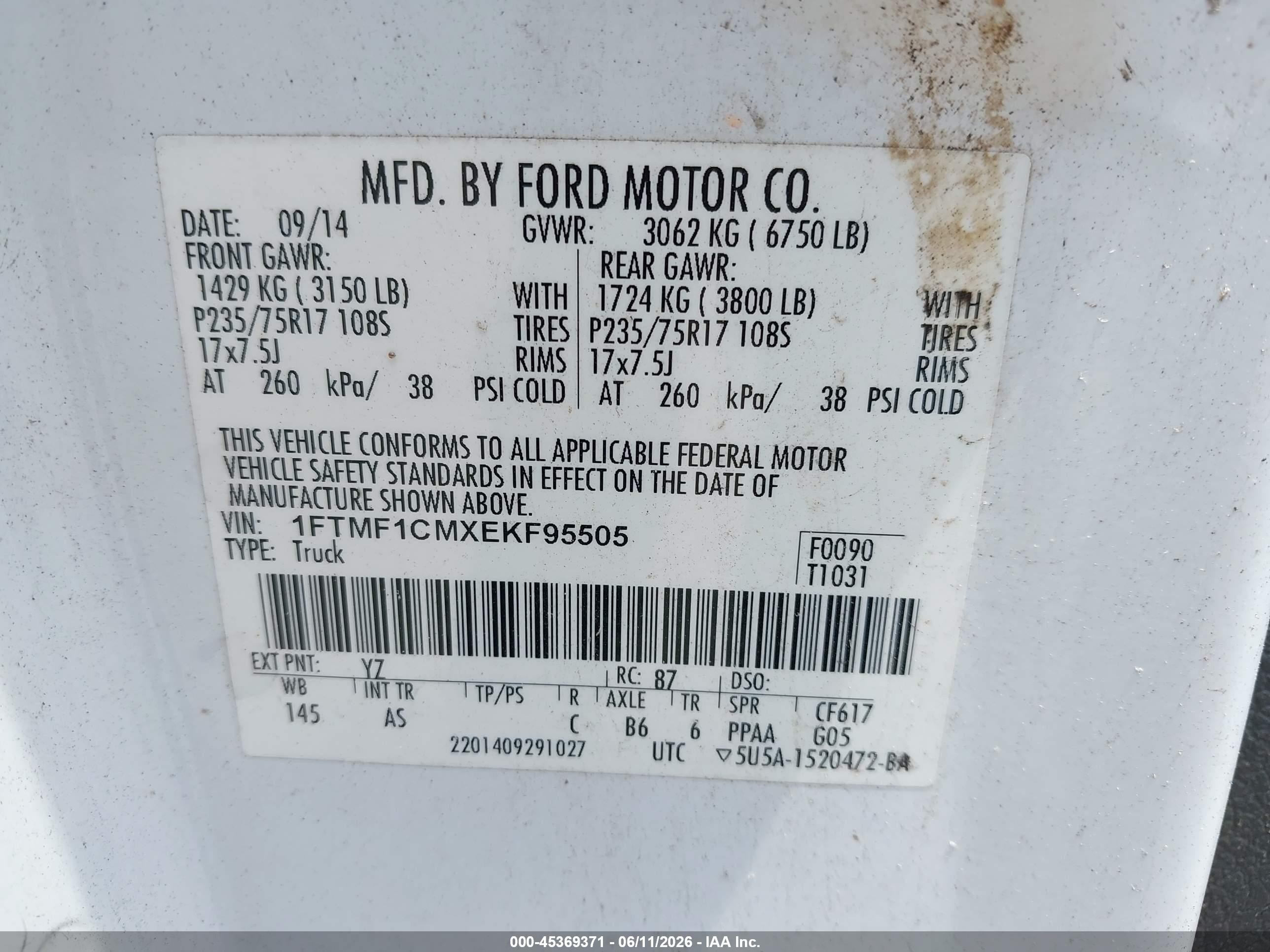 2014 Ford F-150 Xl White vin: 1FTMF1CMXEKF95505