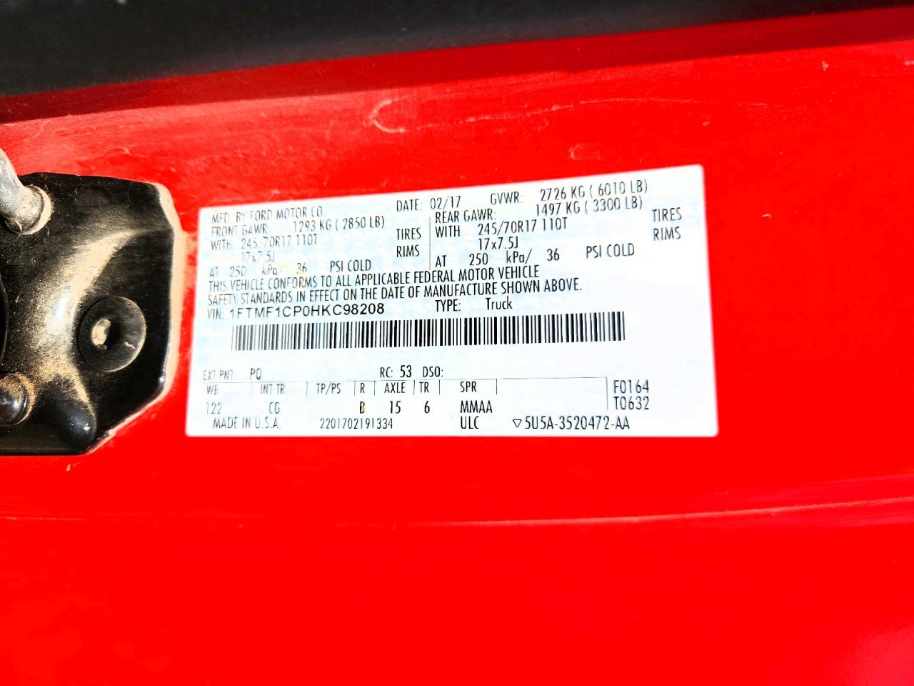 2017 Ford F150 Red vin: 1FTMF1CP0HKC98208