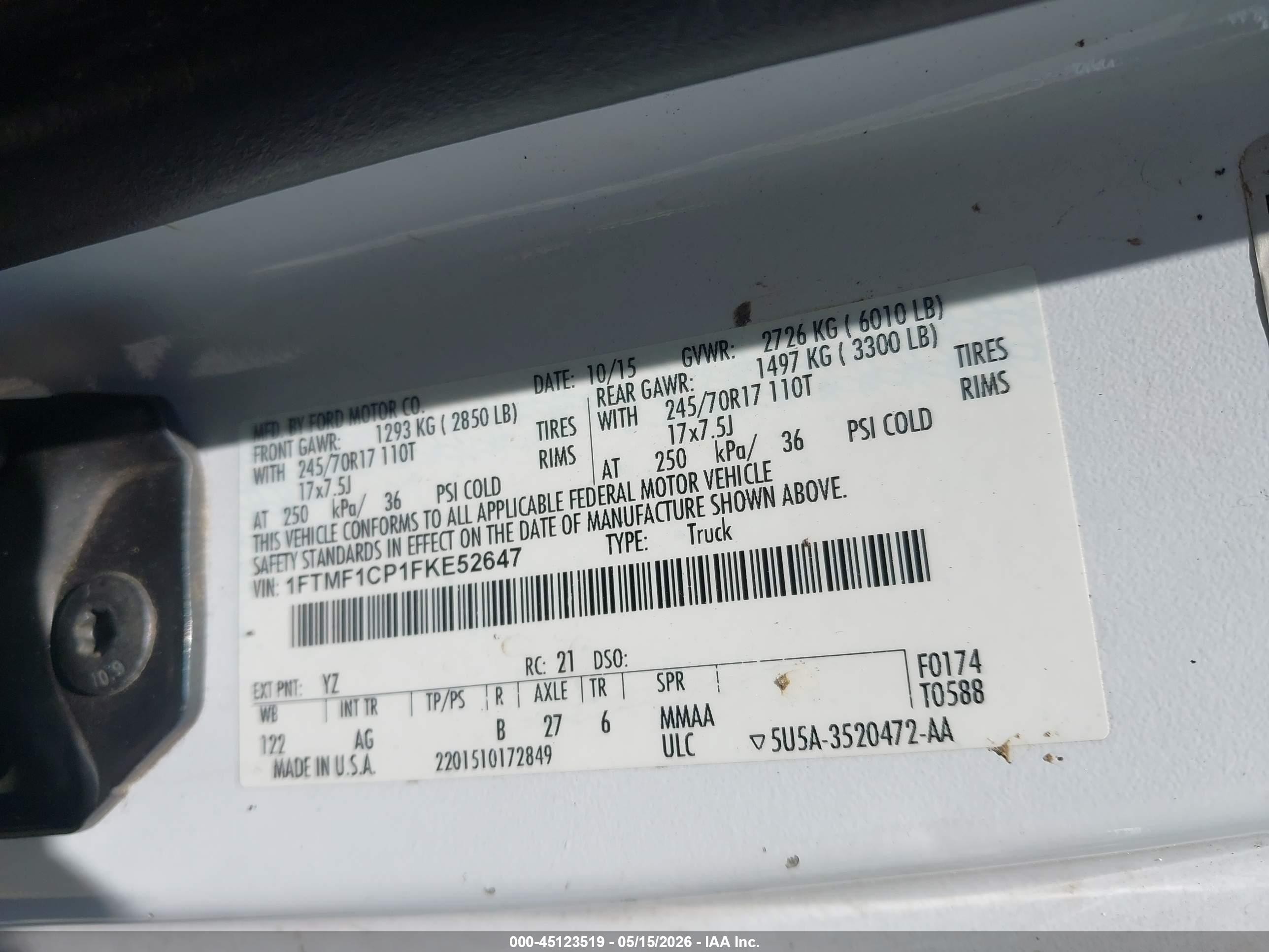 2015 Ford F-150 Xl White vin: 1FTMF1CP1FKE52647