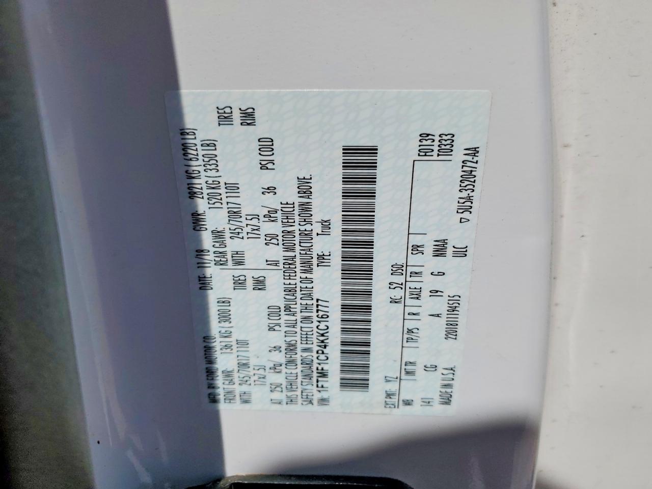 2019 Ford F150 White vin: 1FTMF1CP4KKC16777
