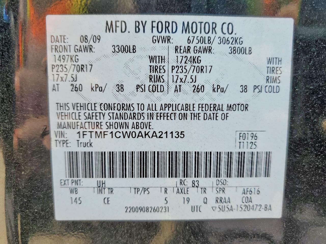 2010 Ford F150 Black vin: 1FTMF1CW0AKA21135