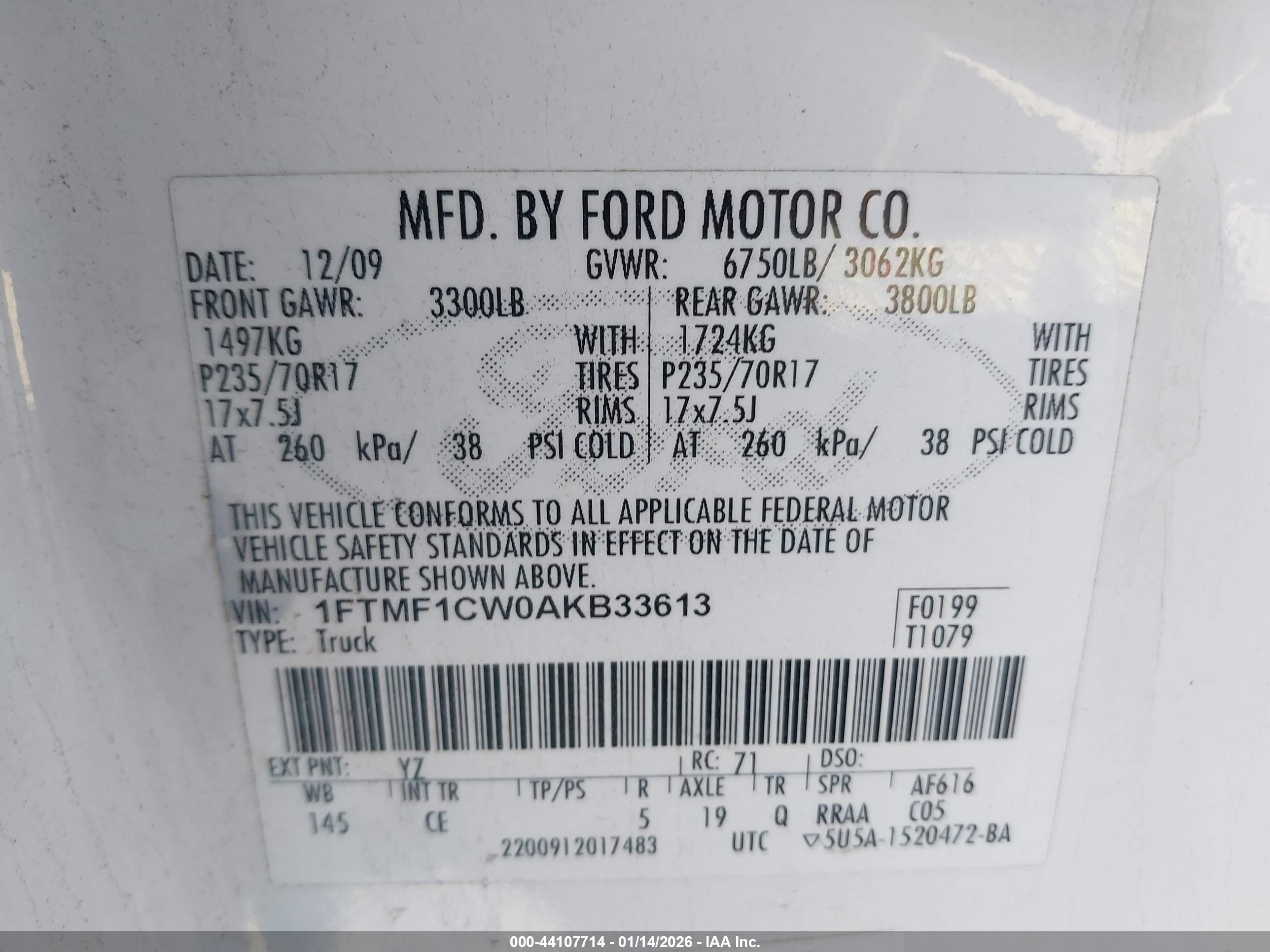 2010 Ford F-150 Stx/xl/xlt White vin: 1FTMF1CW0AKB33613