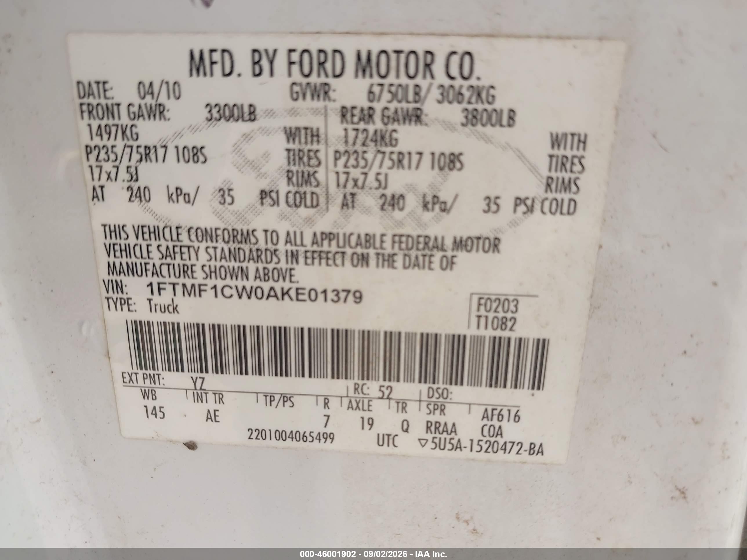 2010 Ford F-150 Stx/xl/xlt/xlt W/mid-box Prep White vin: 1FTMF1CW0AKE01379