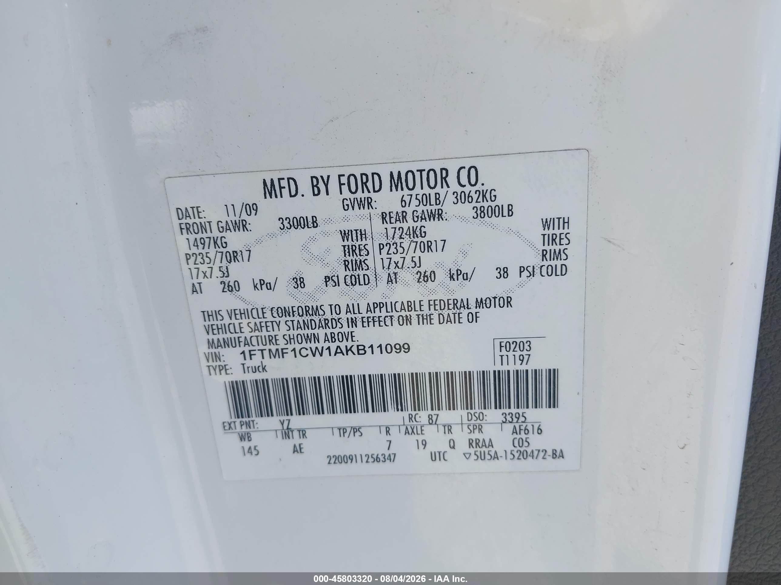 2010 Ford F-150 Stx/xl/xl W/mid-box Prep/xlt/xlt W/mid-box Prep White vin: 1FTMF1CW1AKB11099