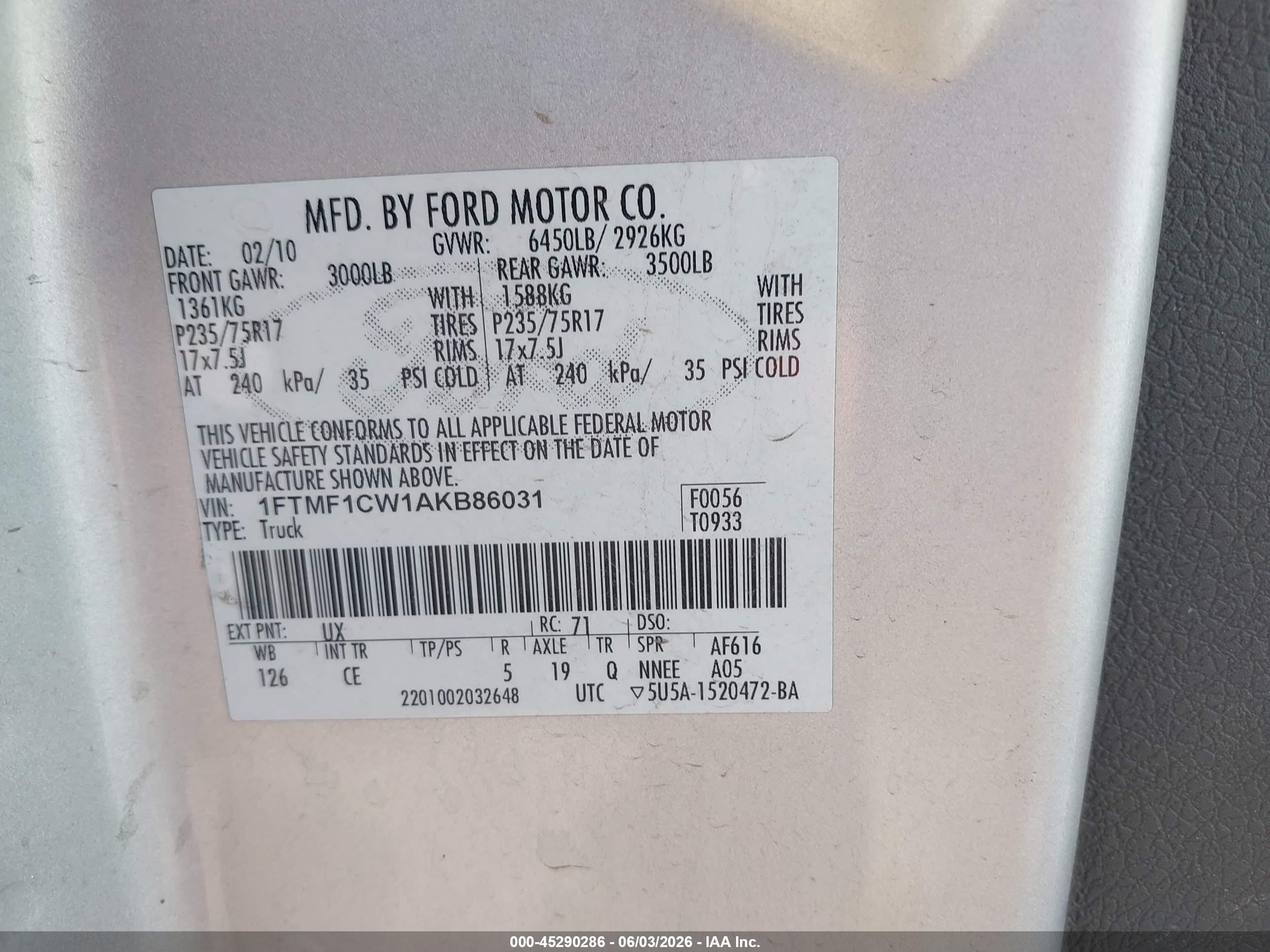 2010 Ford F-150 Stx/xl/xlt Silver vin: 1FTMF1CW1AKB86031