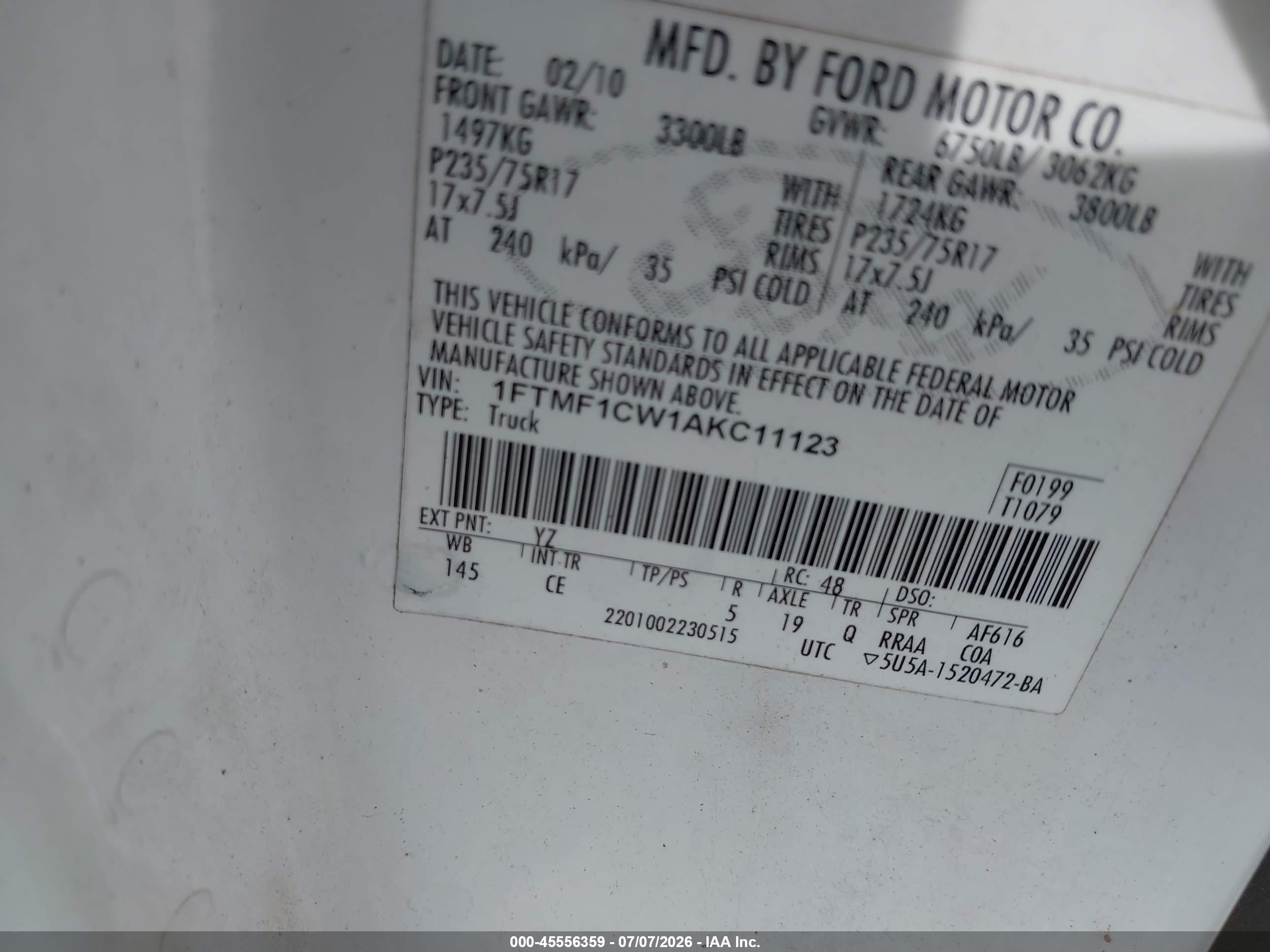 2010 Ford F-150 Stx/xl/xl W/mid-box Prep/xlt/xlt W/mid-box Prep White vin: 1FTMF1CW1AKC11123