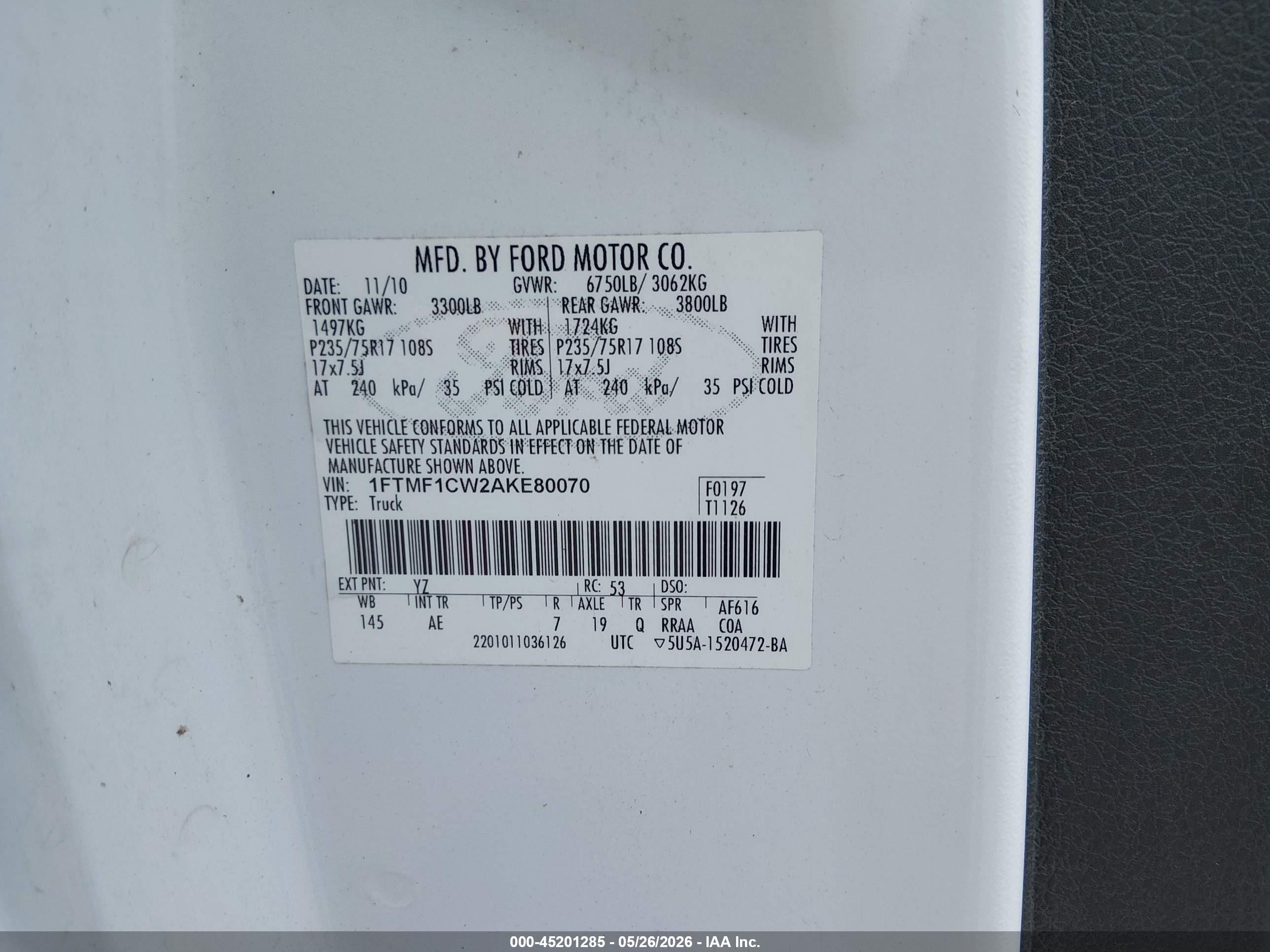 2010 Ford F-150 Stx/xl/xlt White vin: 1FTMF1CW2AKE80070