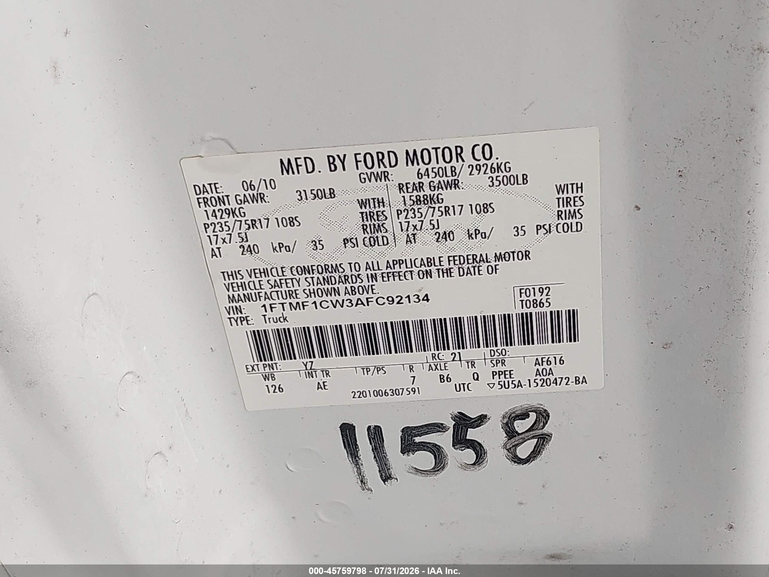 2010 Ford F-150 Stx/xl/xl W/mid-box Prep/xlt/xlt W/mid-box Prep White vin: 1FTMF1CW3AFC92134