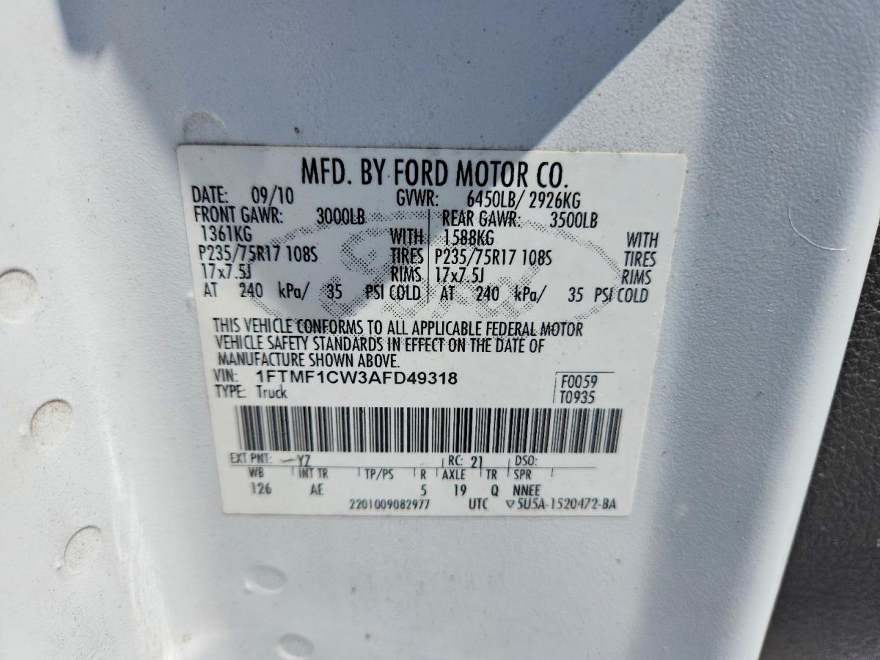 2010 Ford F-150 White vin: 1FTMF1CW3AFD49318