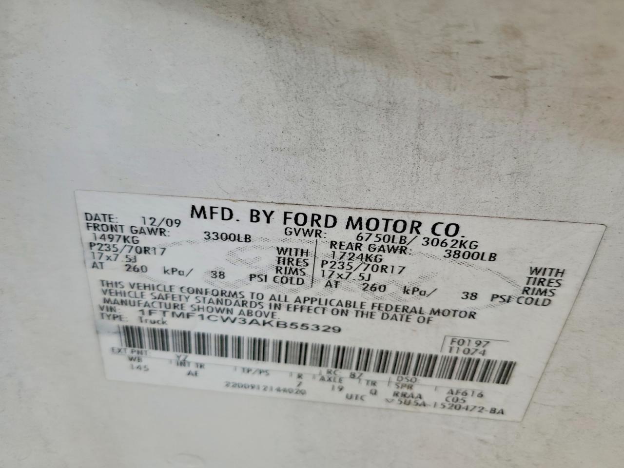 2010 Ford F150 White vin: 1FTMF1CW3AKB55329