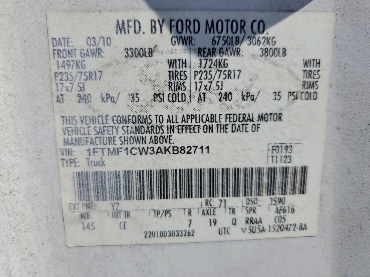 2010 Ford F150 White vin: 1FTMF1CW3AKB82711