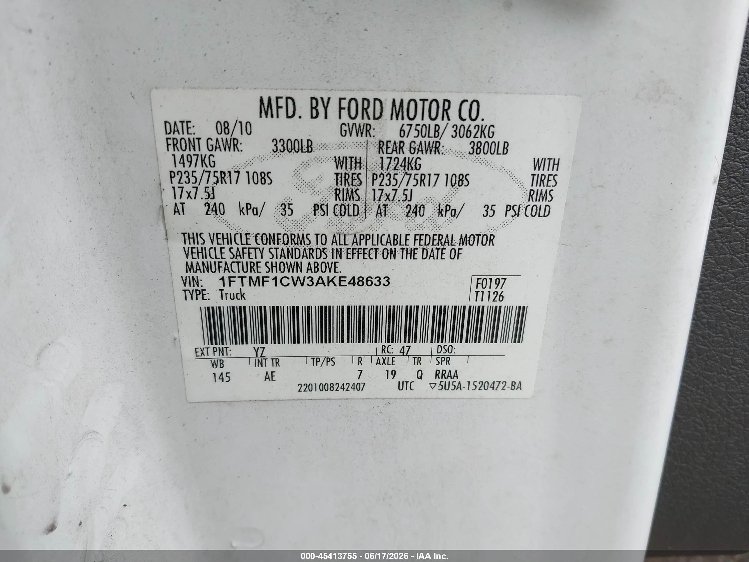 2010 Ford F-150 Stx/xl/xl W/mid-box Prep/xlt/xlt W/mid-box Prep White vin: 1FTMF1CW3AKE48633
