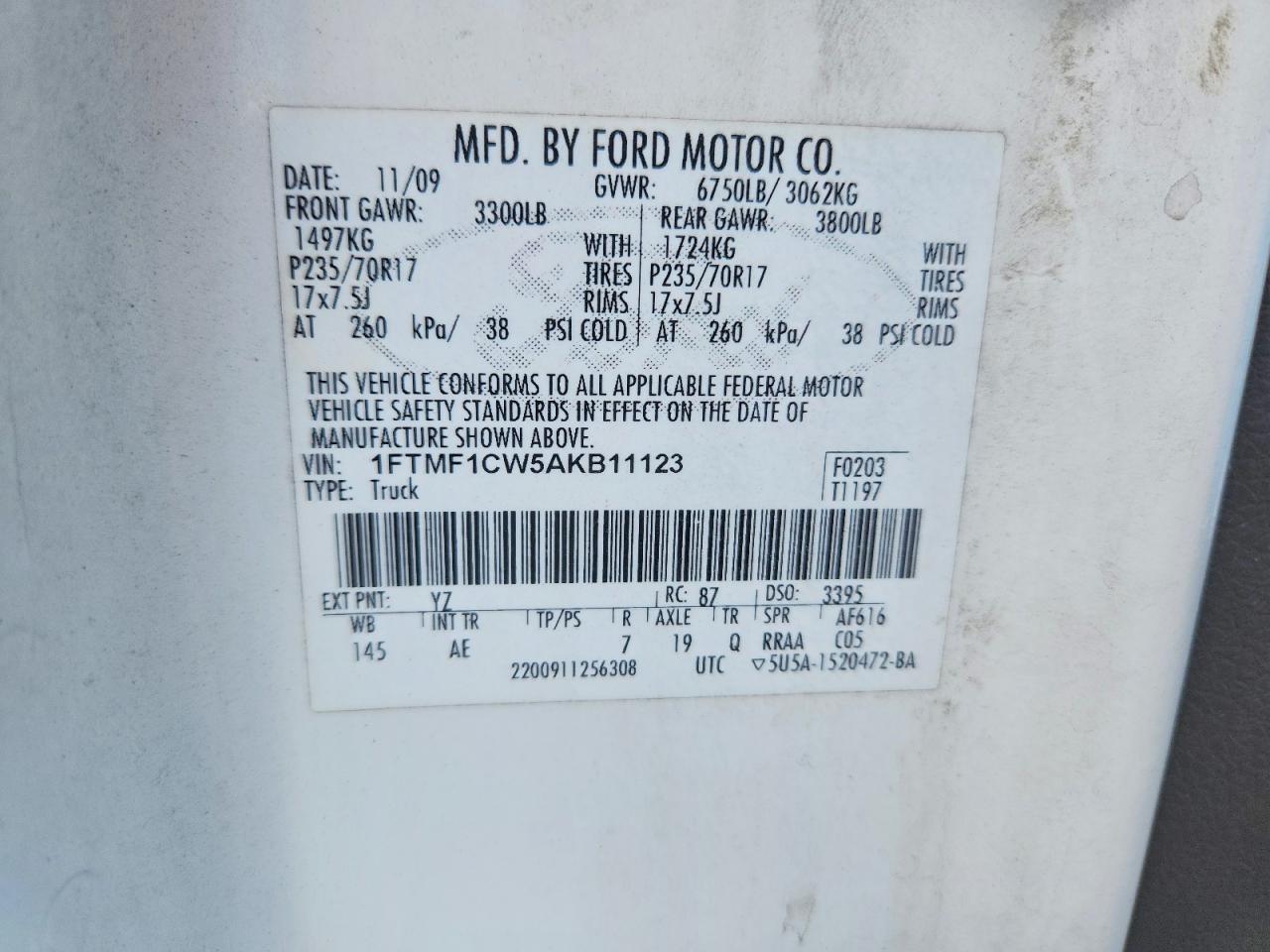 2010 Ford F150 White vin: 1FTMF1CW5AKB11123