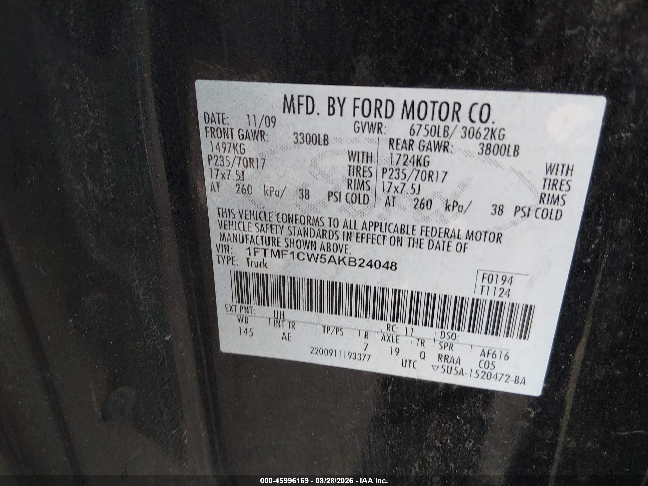 2010 Ford F-150 Stx/xl/xlt/xlt W/mid-box Prep Black vin: 1FTMF1CW5AKB24048
