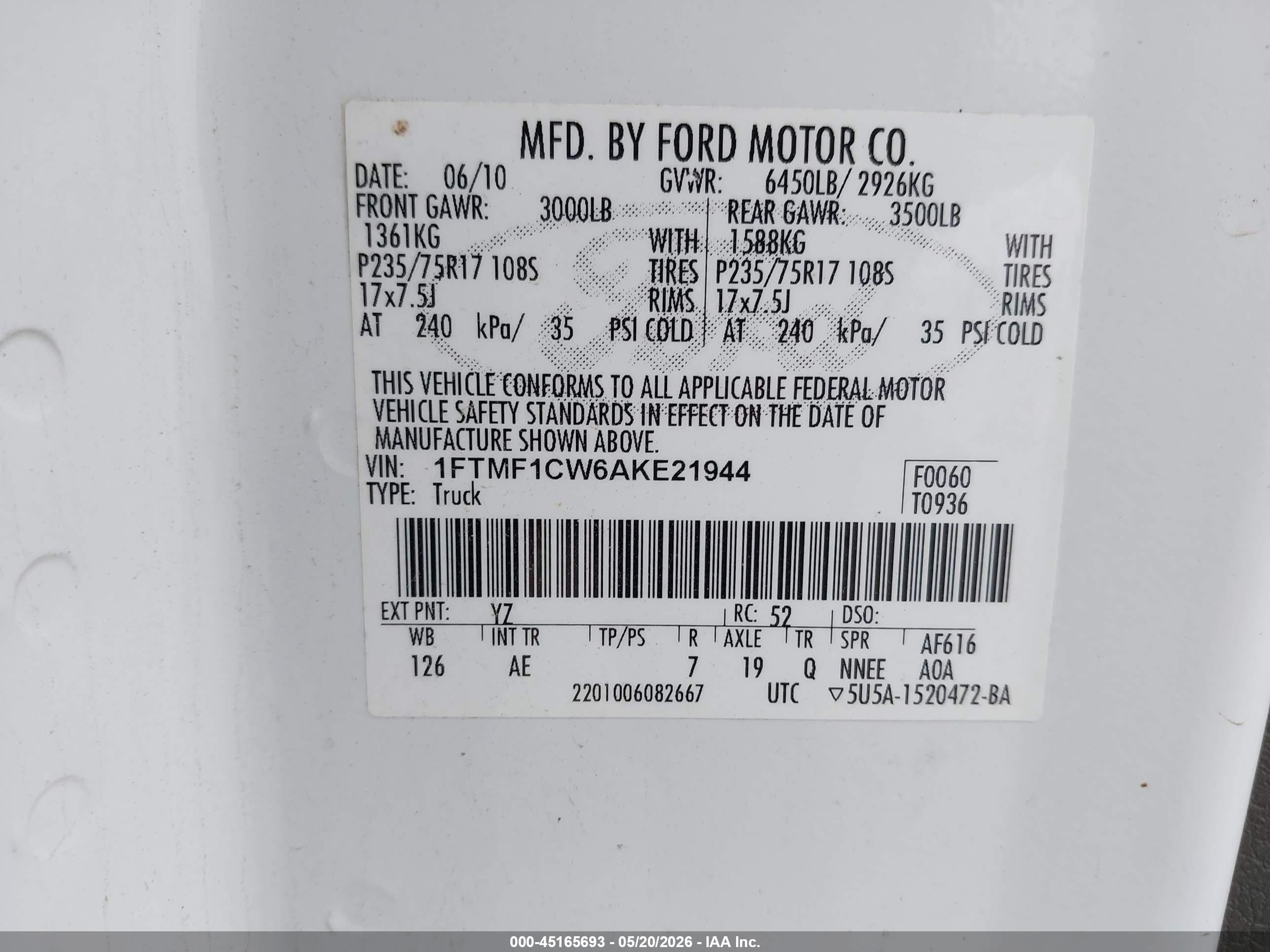 2010 Ford F-150 Stx/xl/xlt White vin: 1FTMF1CW6AKE21944
