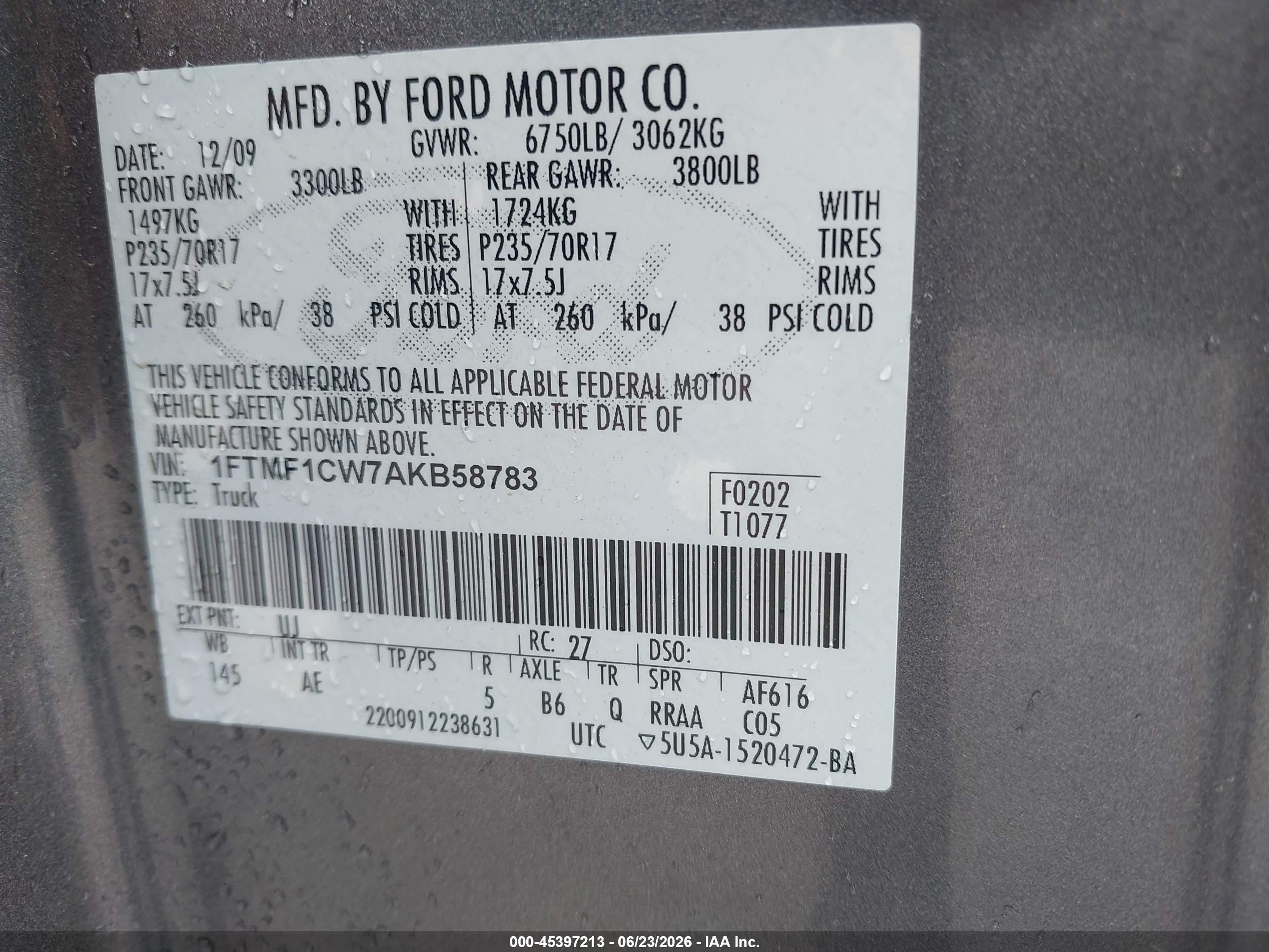 2010 Ford F-150 Stx/xl/xl W/mid-box Prep/xlt/xlt W/mid-box Prep Gray vin: 1FTMF1CW7AKB58783