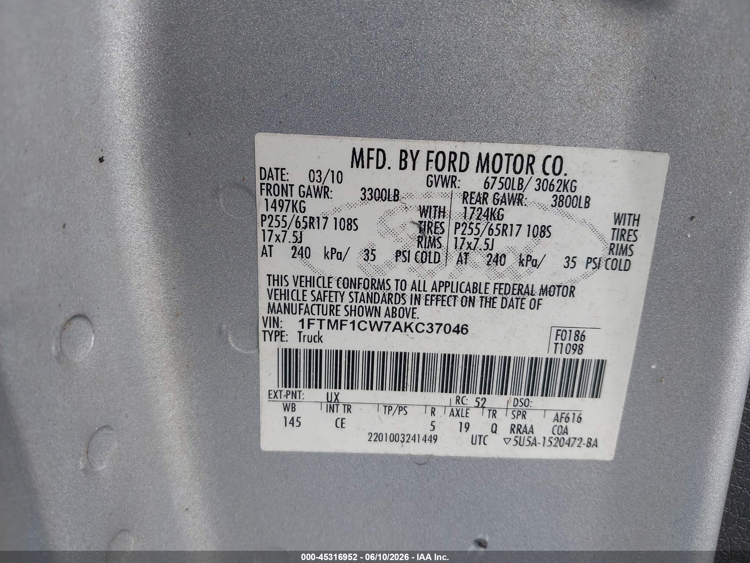 2010 Ford F-150 Stx/xl/xlt Серебряный vin: 1FTMF1CW7AKC37046