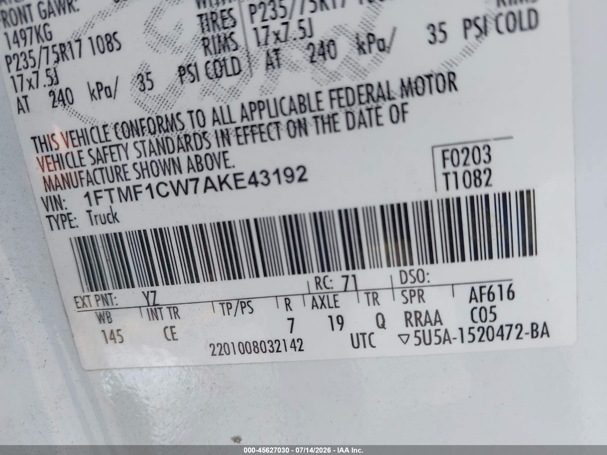 2010 Ford F-150 Stx/xl/xl W/mid-box Prep/xlt/xlt W/mid-box Prep White vin: 1FTMF1CW7AKE43192