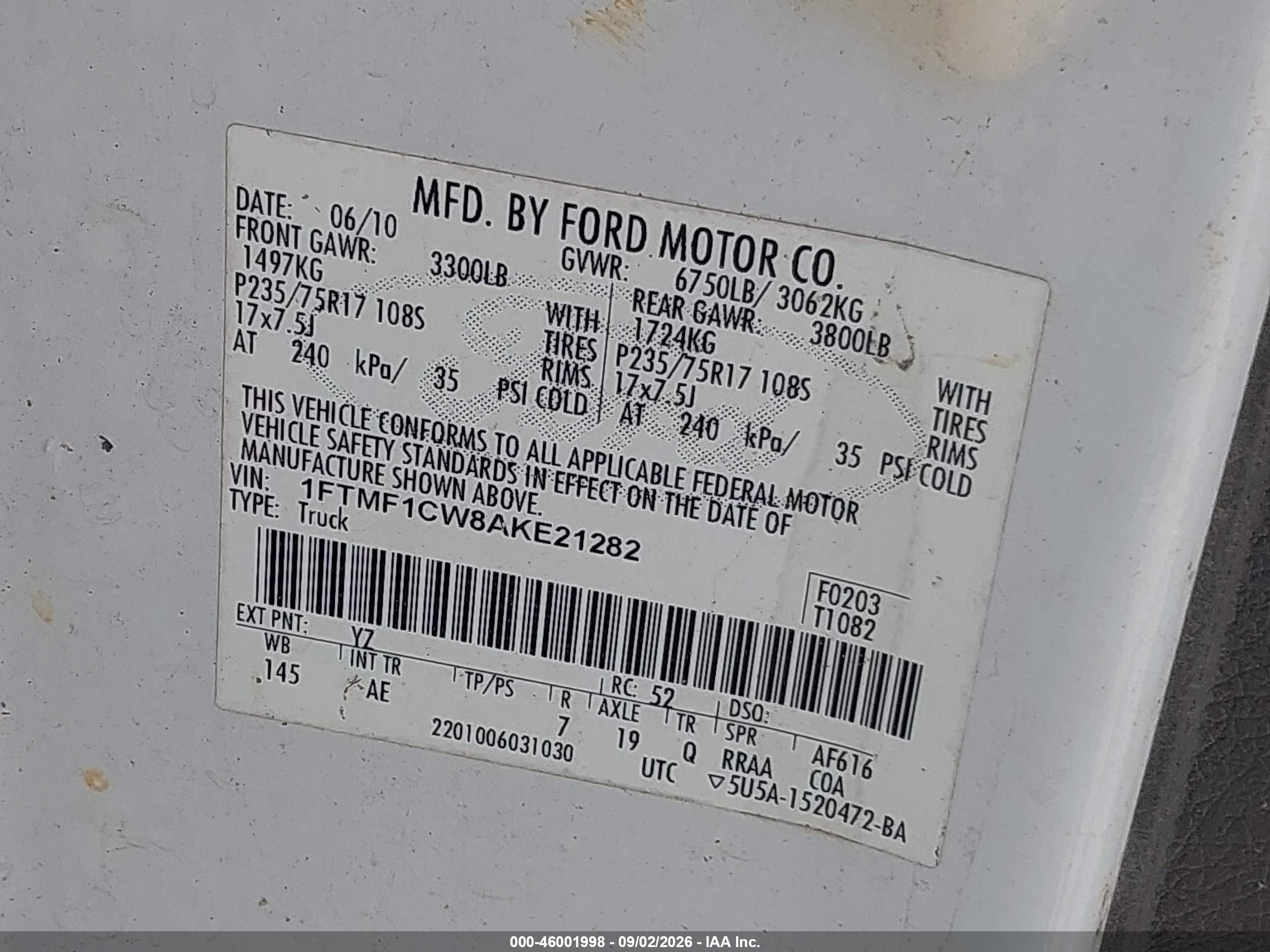 2010 Ford F-150 Stx/xl/xlt/xlt W/mid-box Prep Белый vin: 1FTMF1CW8AKE21282