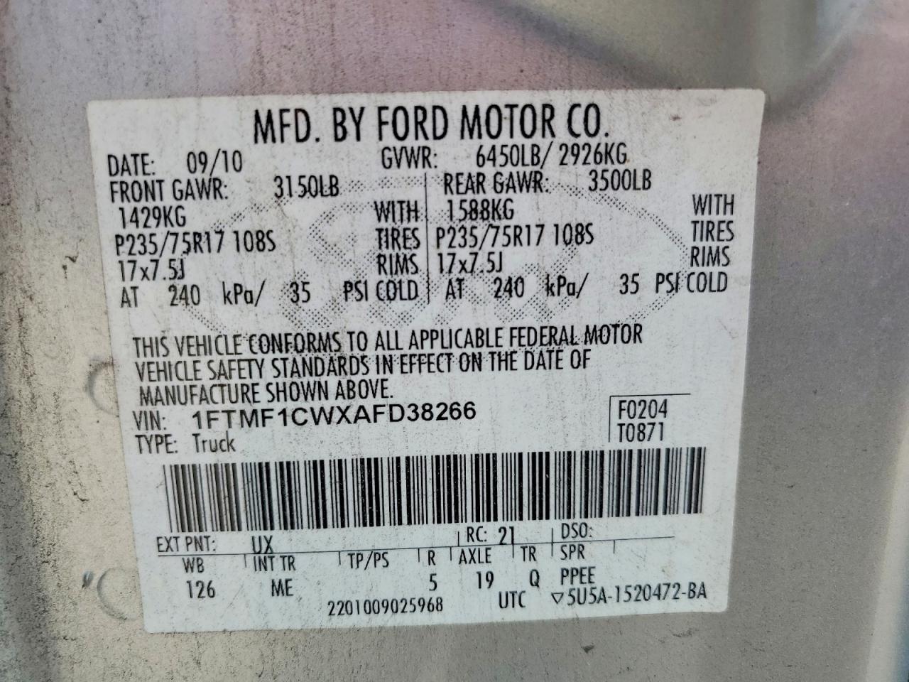 2010 Ford F150 Silver vin: 1FTMF1CWXAFD38266