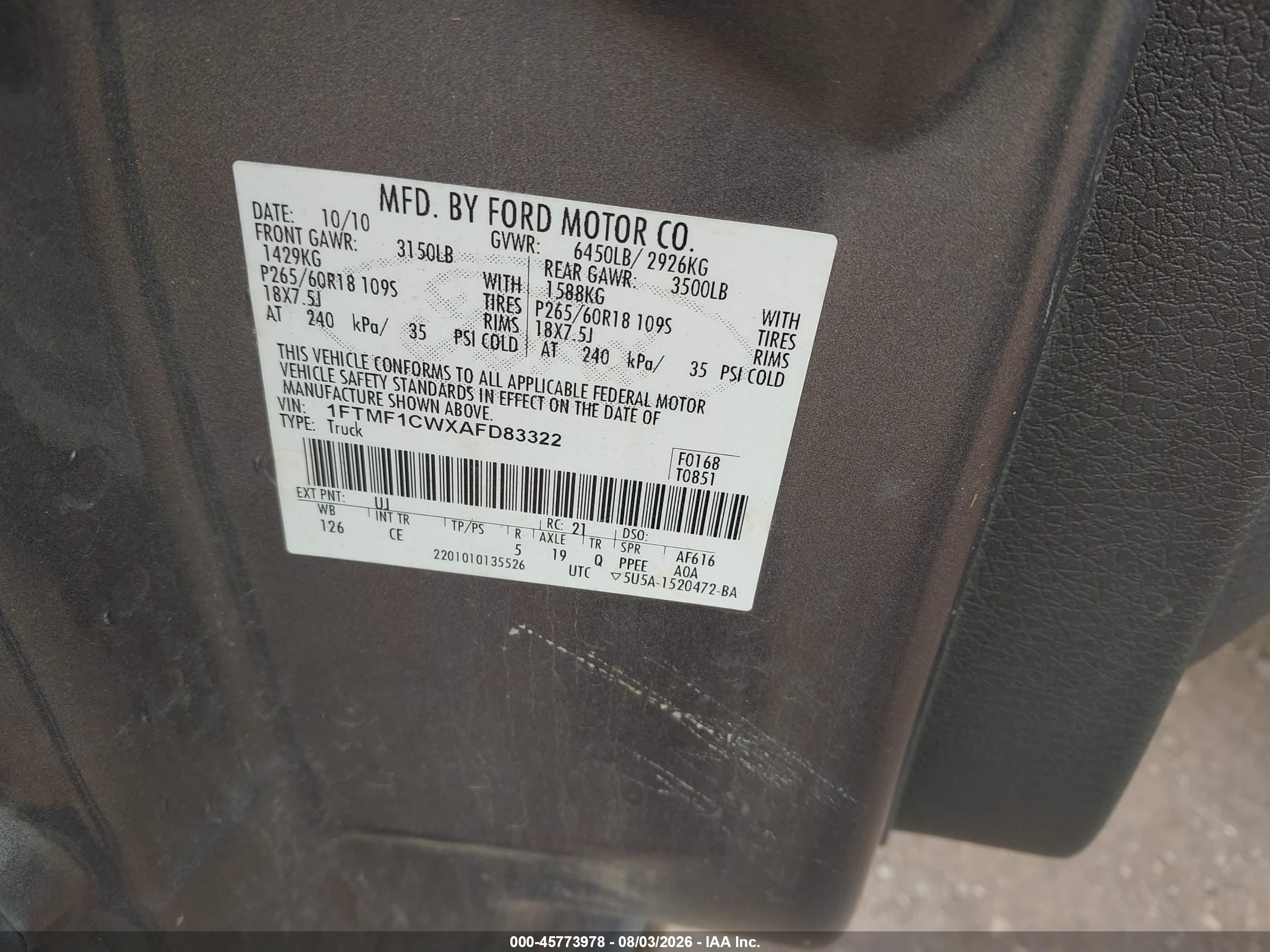 2010 Ford F-150 Stx/xl/xl W/mid-box Prep/xlt/xlt W/mid-box Prep Gray vin: 1FTMF1CWXAFD83322