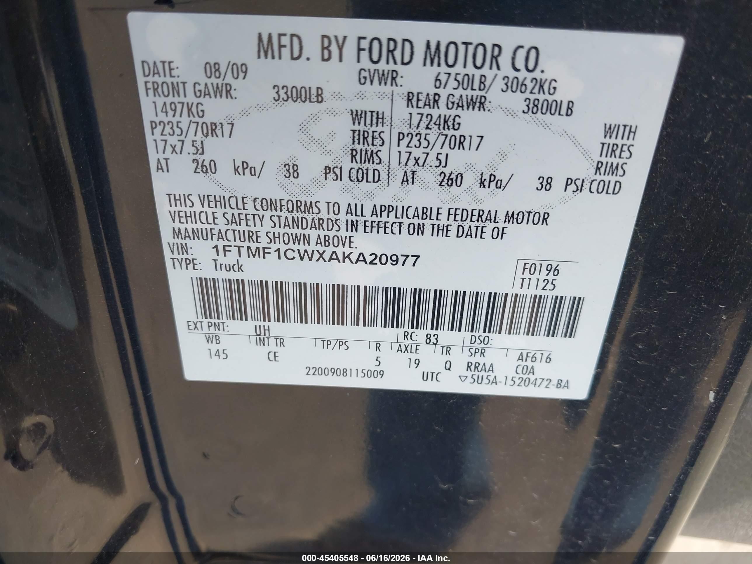 2010 Ford F-150 Stx/xl/xl W/mid-box Prep/xlt/xlt W/mid-box Prep Black vin: 1FTMF1CWXAKA20977