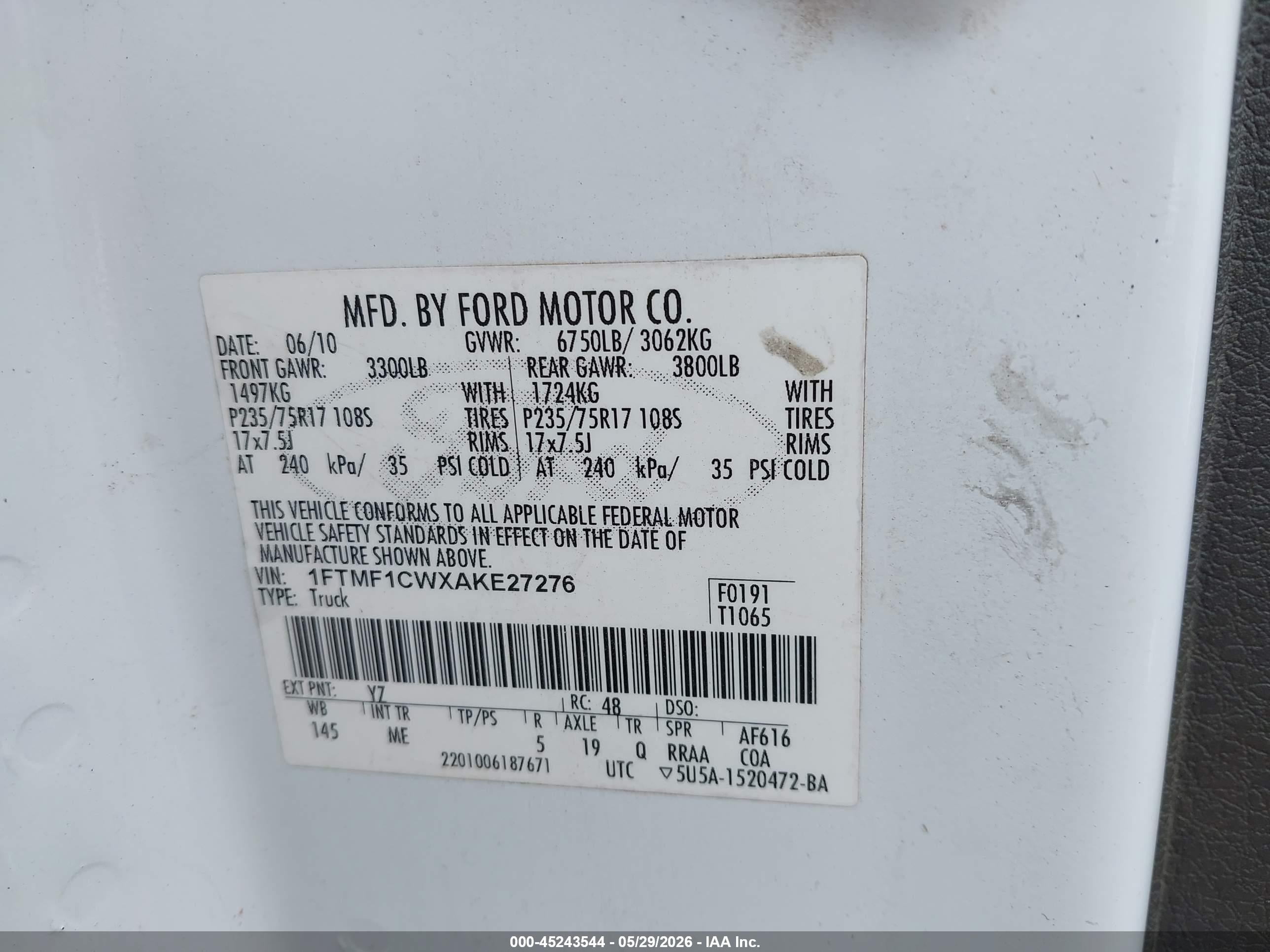 2010 Ford F-150 Stx/xl/xlt White vin: 1FTMF1CWXAKE27276