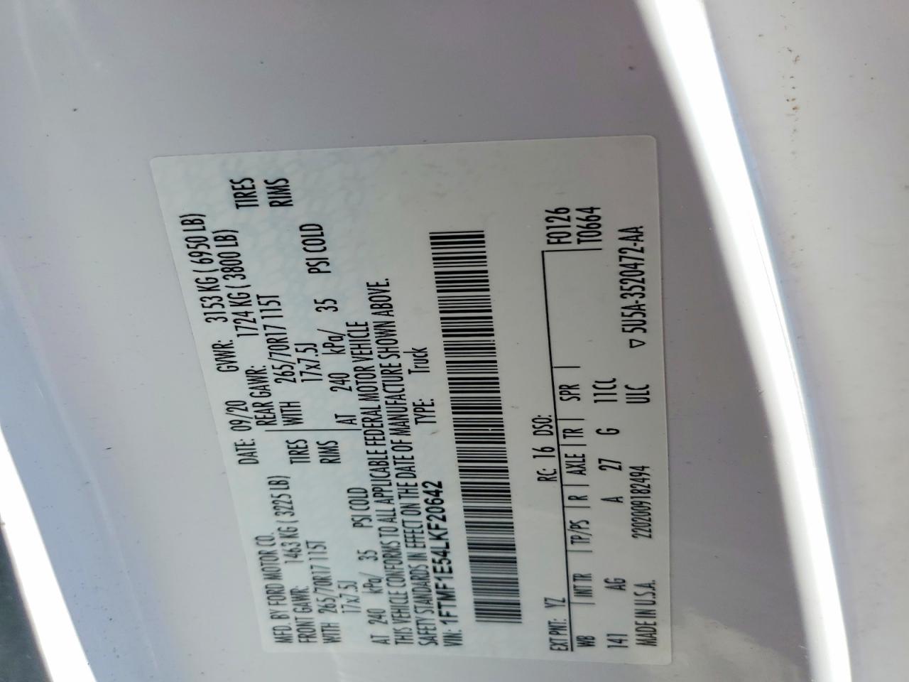 2020 Ford F150 White vin: 1FTMF1E54LKF20642