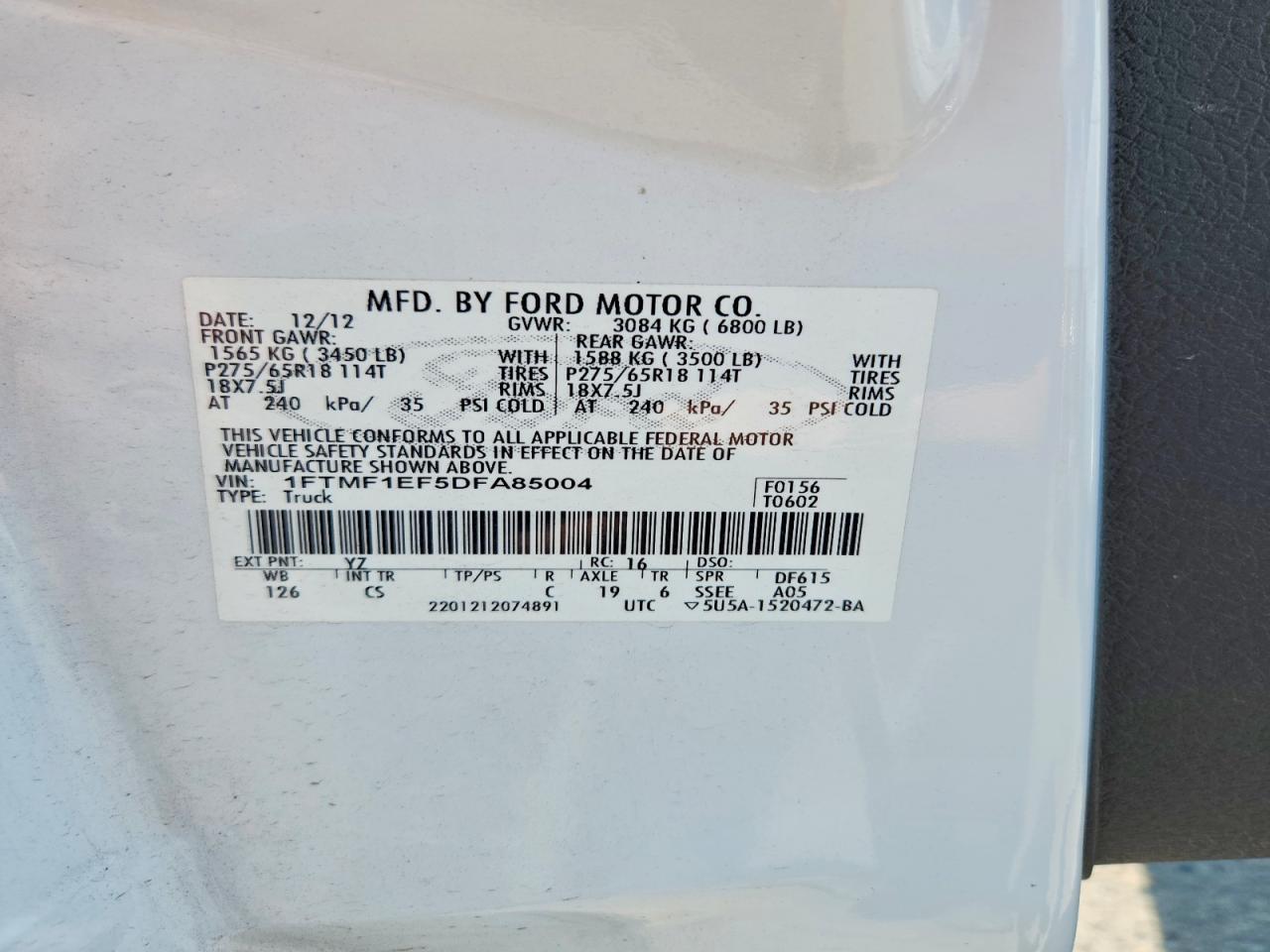 2013 Ford F150 Белый vin: 1FTMF1EF5DFA85004