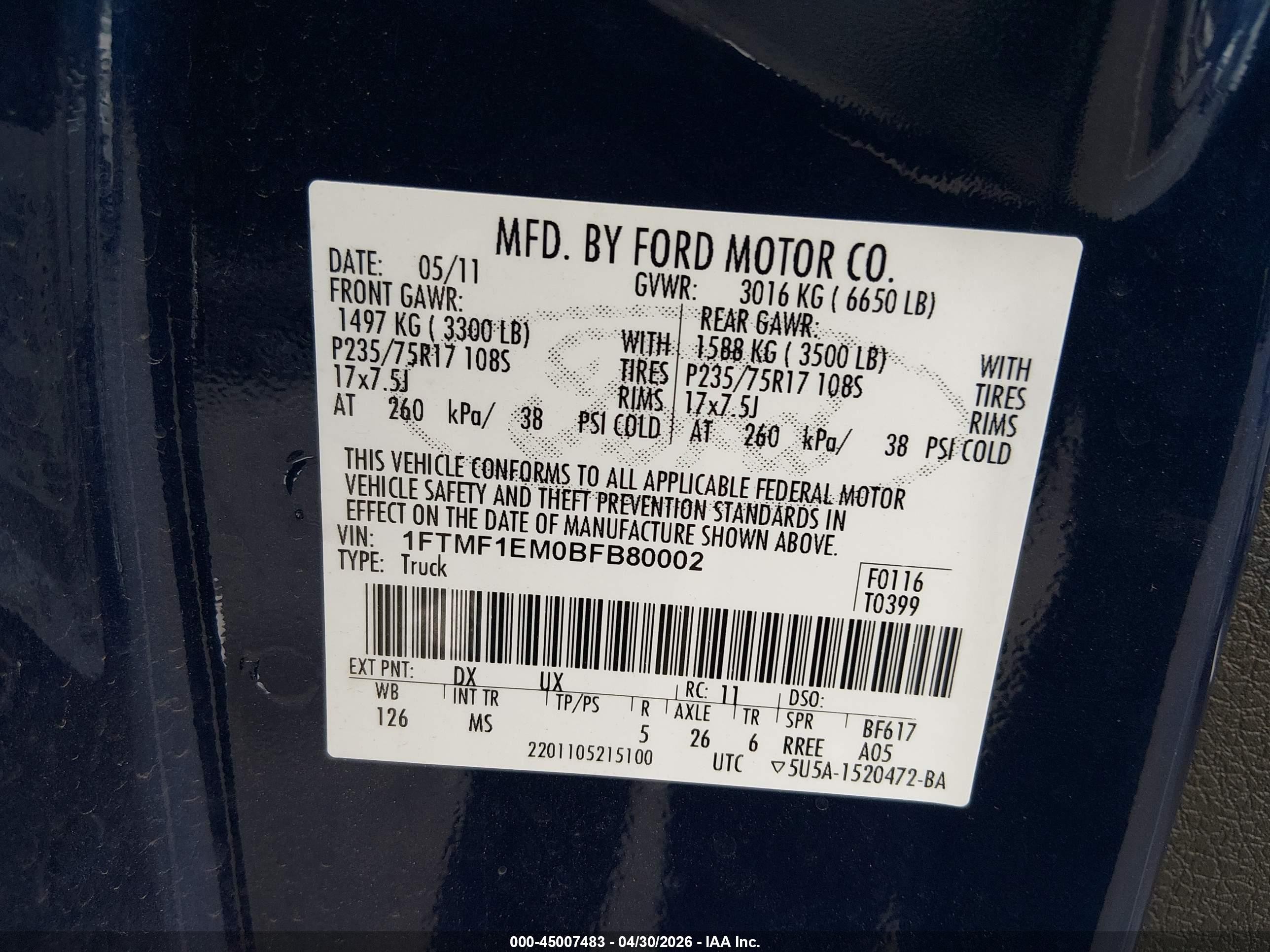 2011 Ford F-150 Xlt Dark Blue vin: 1FTMF1EM0BFB80002