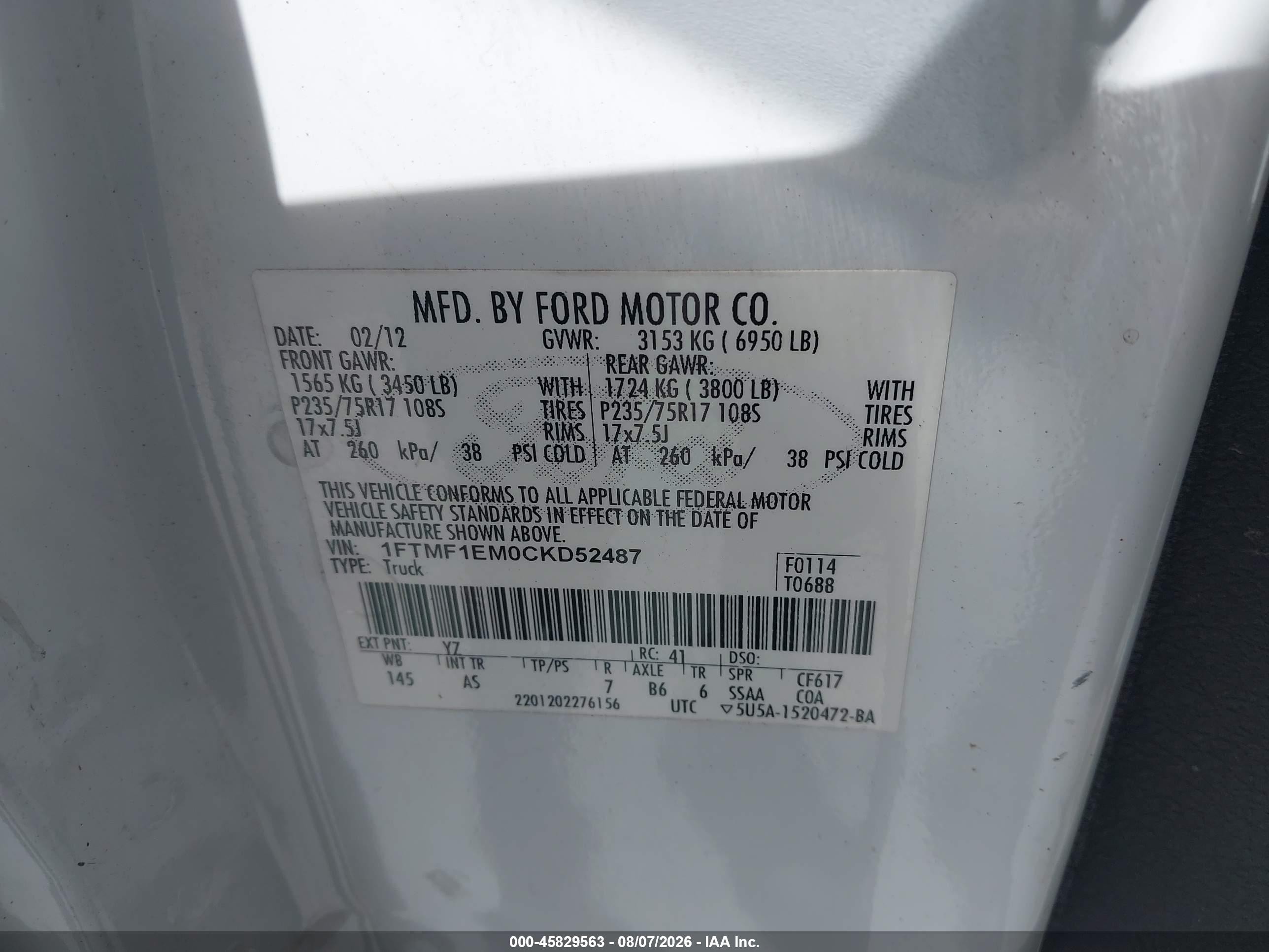 2012 Ford F-150 Xl White vin: 1FTMF1EM0CKD52487