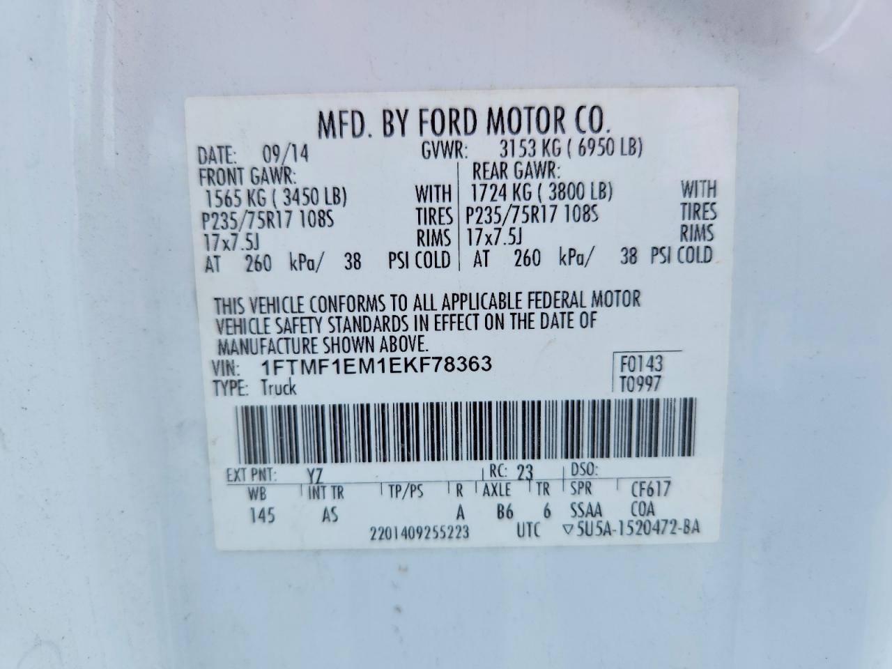 2014 Ford F150 White vin: 1FTMF1EM1EKF78363