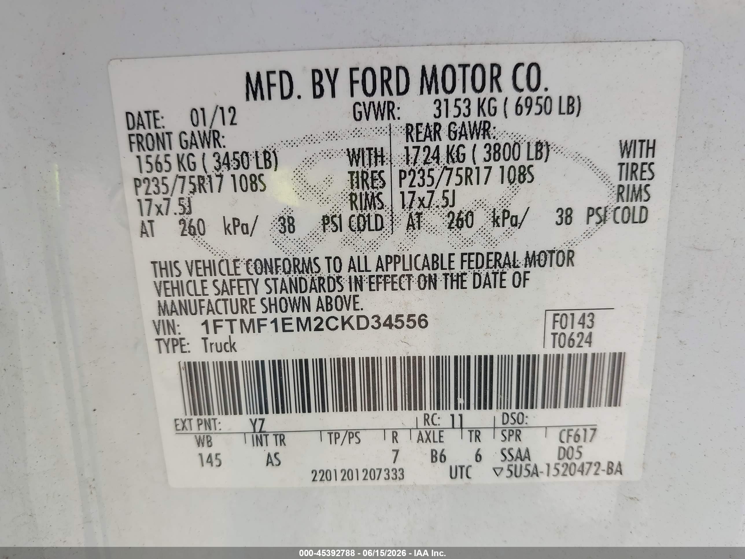 2012 Ford F-150 Xl White vin: 1FTMF1EM2CKD34556